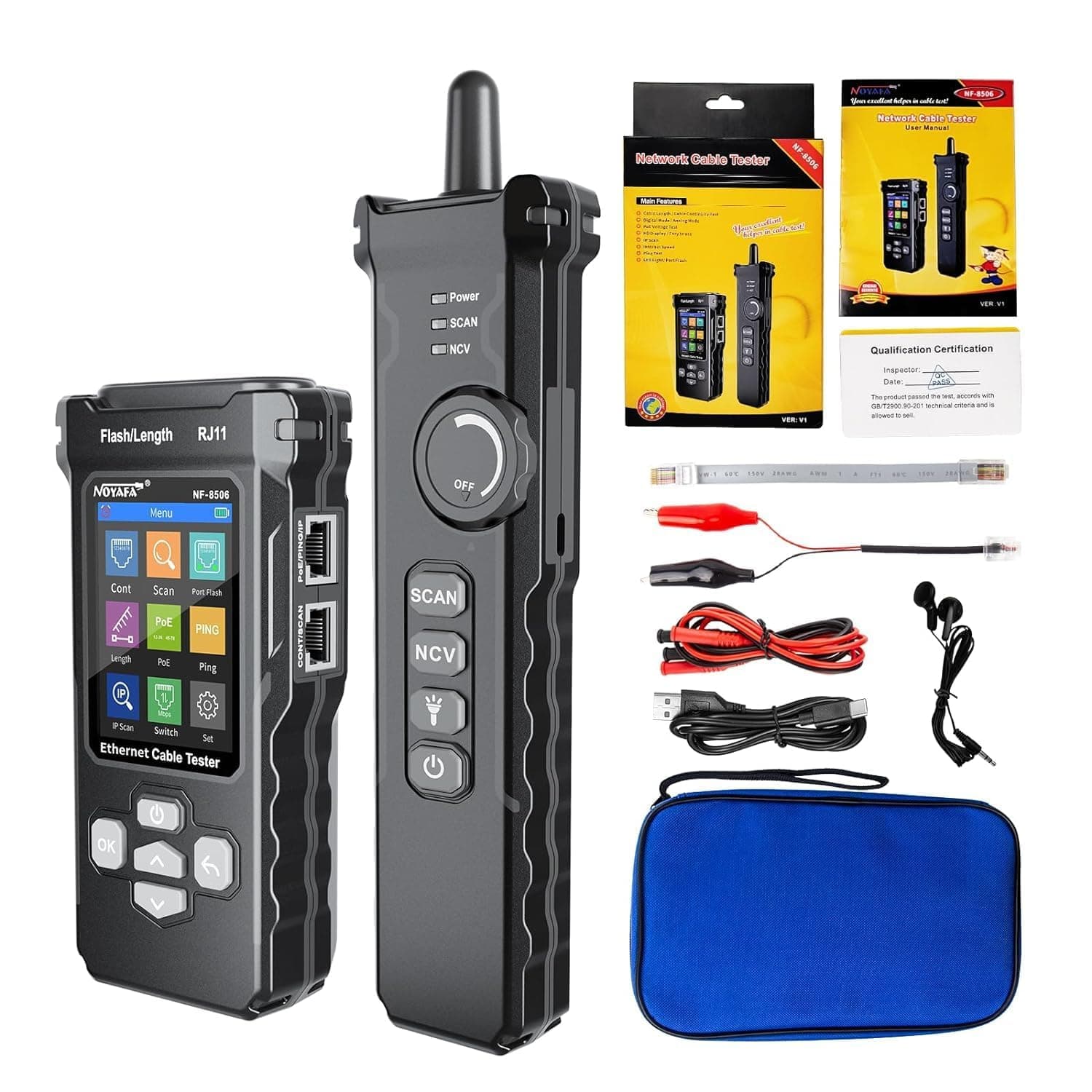 NOYAFA Network Tester with IP Scanning, PING and Switch Rate Test, Wire Tracer Mapping, TDR Network Cable Tester, RJ11 RJ45 Ethernet Cable Tester for Cat5/Cat6 POE Testing, NF-8506