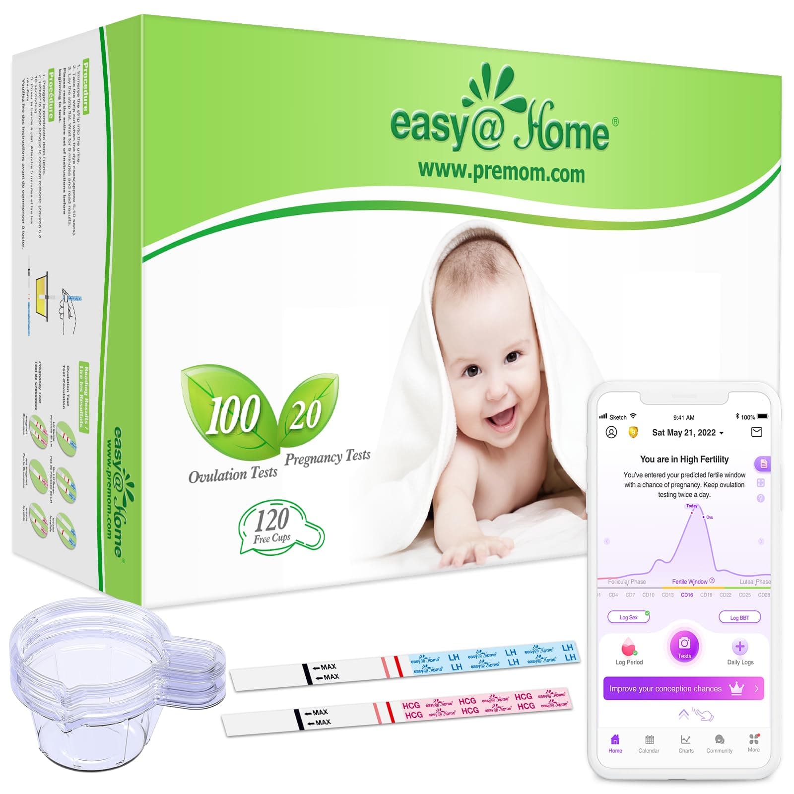 Easy@Home 100 Ovulation Test and 20 Pregnancy Test Strips, FSA Eligible Ovulation Test Kit Powered by Premom Ovulation Predictor Free APP,100LH + 20HCG + 120 Urine Cups-Package May Vary