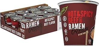 RAMEN EXPRESS Hot & Spicy Beef Flavor Ramen Cup Noodle, 2.25 Oz Each (Pack Of 12) | Animal-free Ramen Noodles | All Plant-based | Made in U.S. with finest American flour