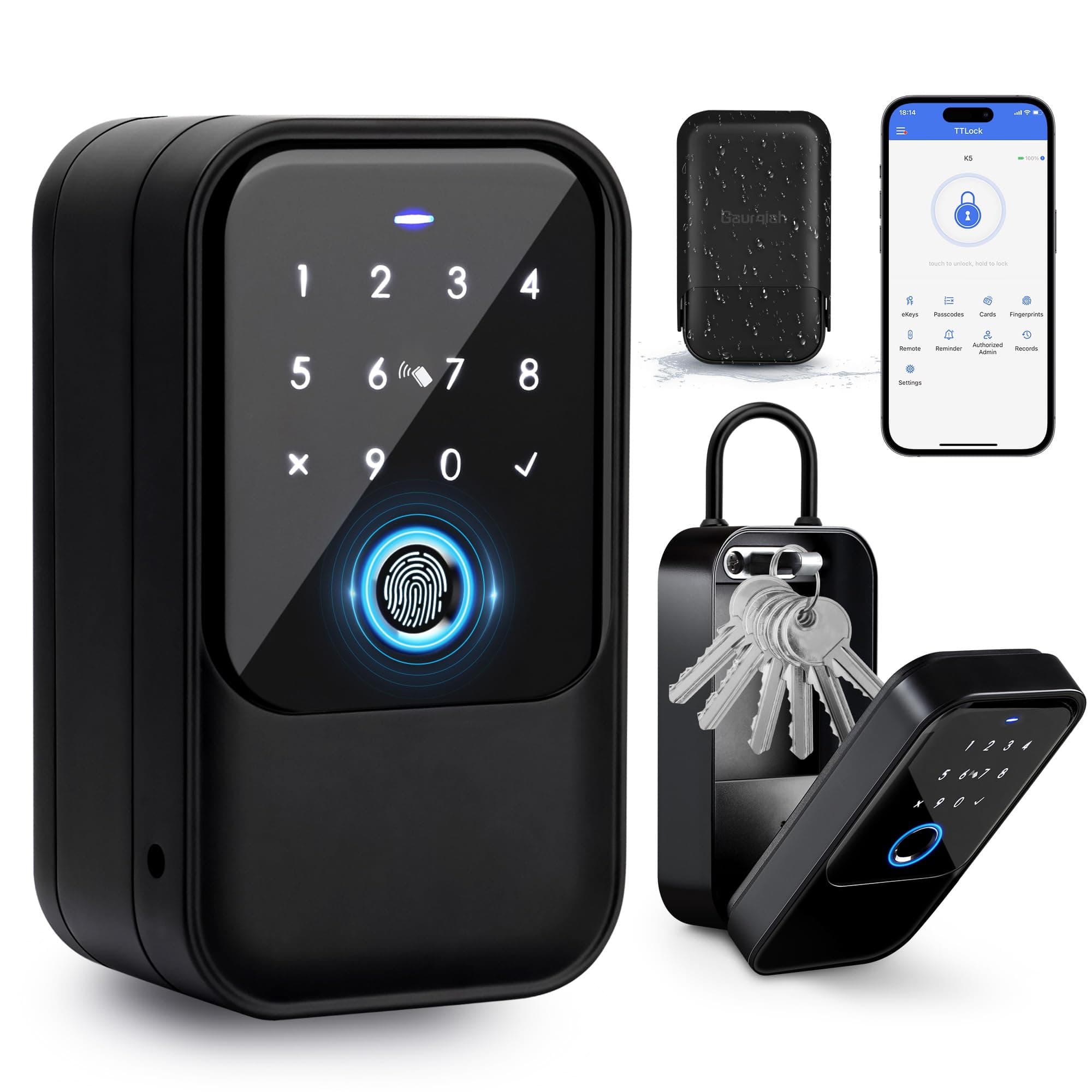 Smart Key Lock Box, Fingerprint, TTLock APP Control, Ekey, Passcode, Access Card, Bluetooth Unlock for Convenient Home, Airbnb, Realtor, Office Security - Wall Mounted & Door Hanging Design
