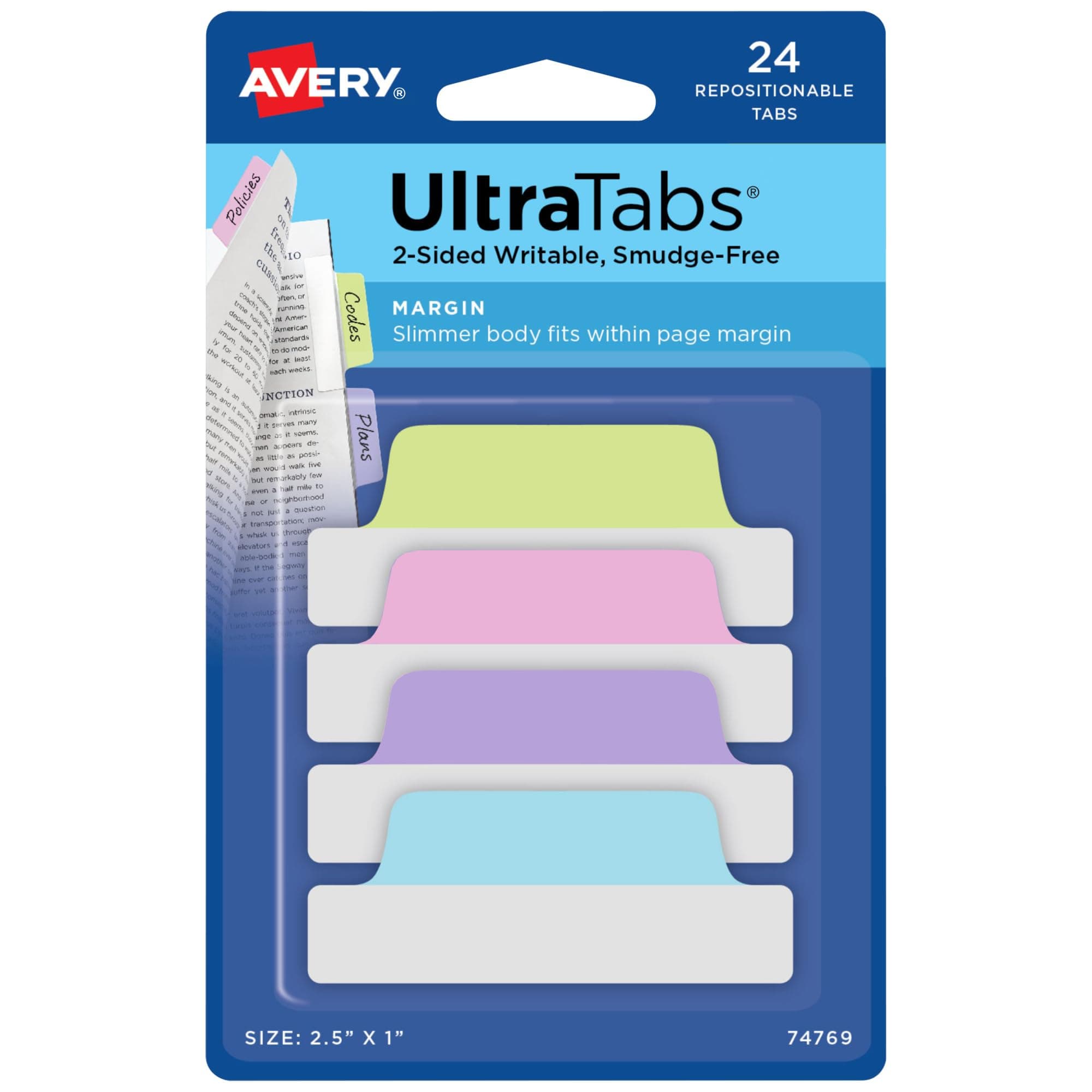 Avery Margin Ultra Tabs, 24 Repositionable Sticky Tabs, 2.5" x 1", 2-Side Writable Page Markers in Assorted Pastel Colors, 1 Pack (74769)