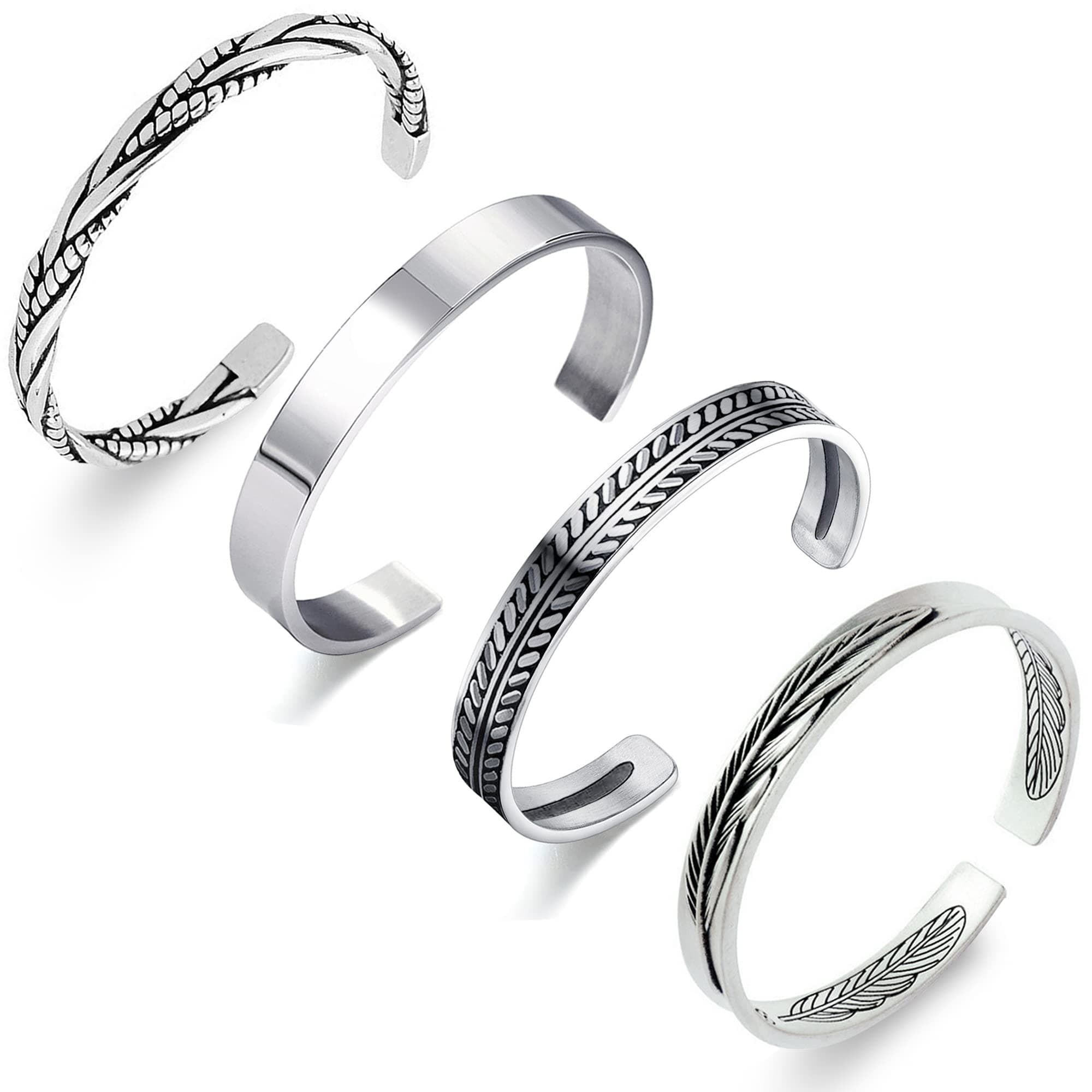 4Pcs Men's Cuff Bracelets Silver Cuff Bracelet Leaves Pattern Twisted Open Cuff Bracelet