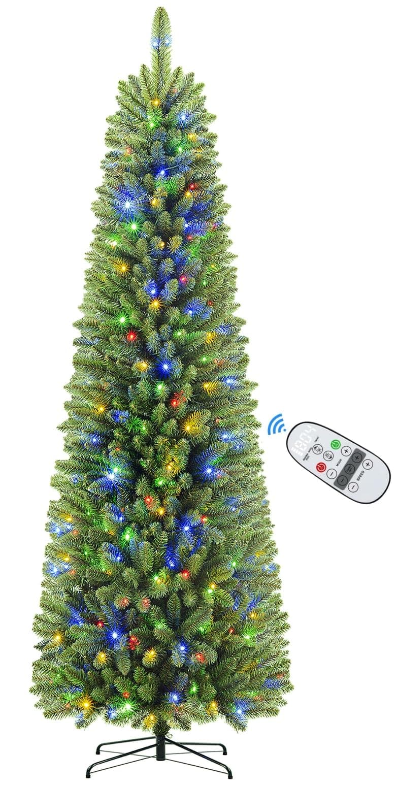 6ft Premium Prelit Artificial Slim Pencil Spruce Christmas Tree with Remote Control, 240 Warm White & Multi-Color Lights, Full Branch Tips, First Choice Decorations for Xmas, 6 FT, Green