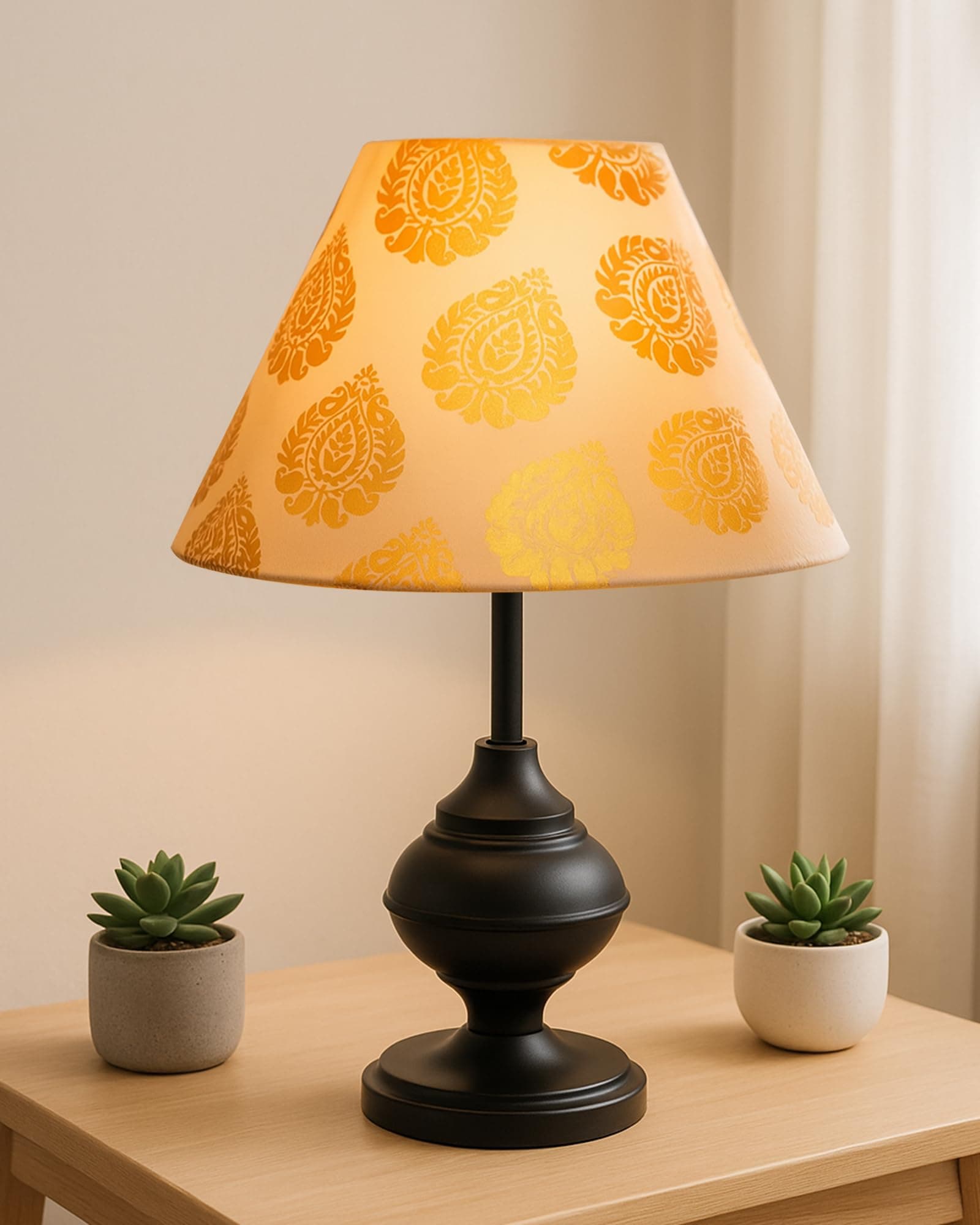 Metal Bedside Table Lamp with Fabric Shade|E27 Holder,Urn,Bedroom Light|Incandescent Desk Lamp,Night Lamp,Office,Nightstand,for Living Room Decor,Study Room,Kids Room (Golden Floral)