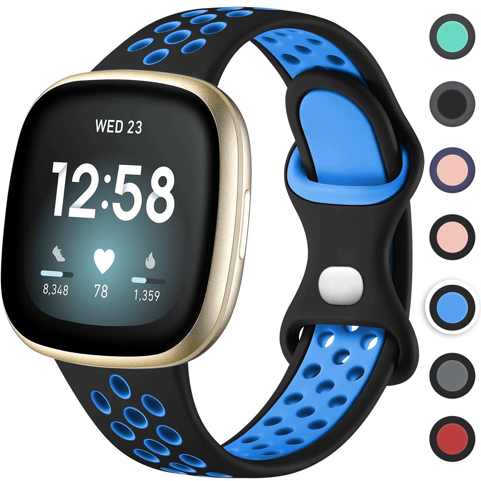 Upeak Sport Strap Compatible with Fitbit Versa 3 Strap/Fitbit Sense Strap, Breathable Silicone Double Hole Ring Snap Buckle Replacement Band for Women Men, for Fitbit Versa 3/Fitbit Sense, Small Large