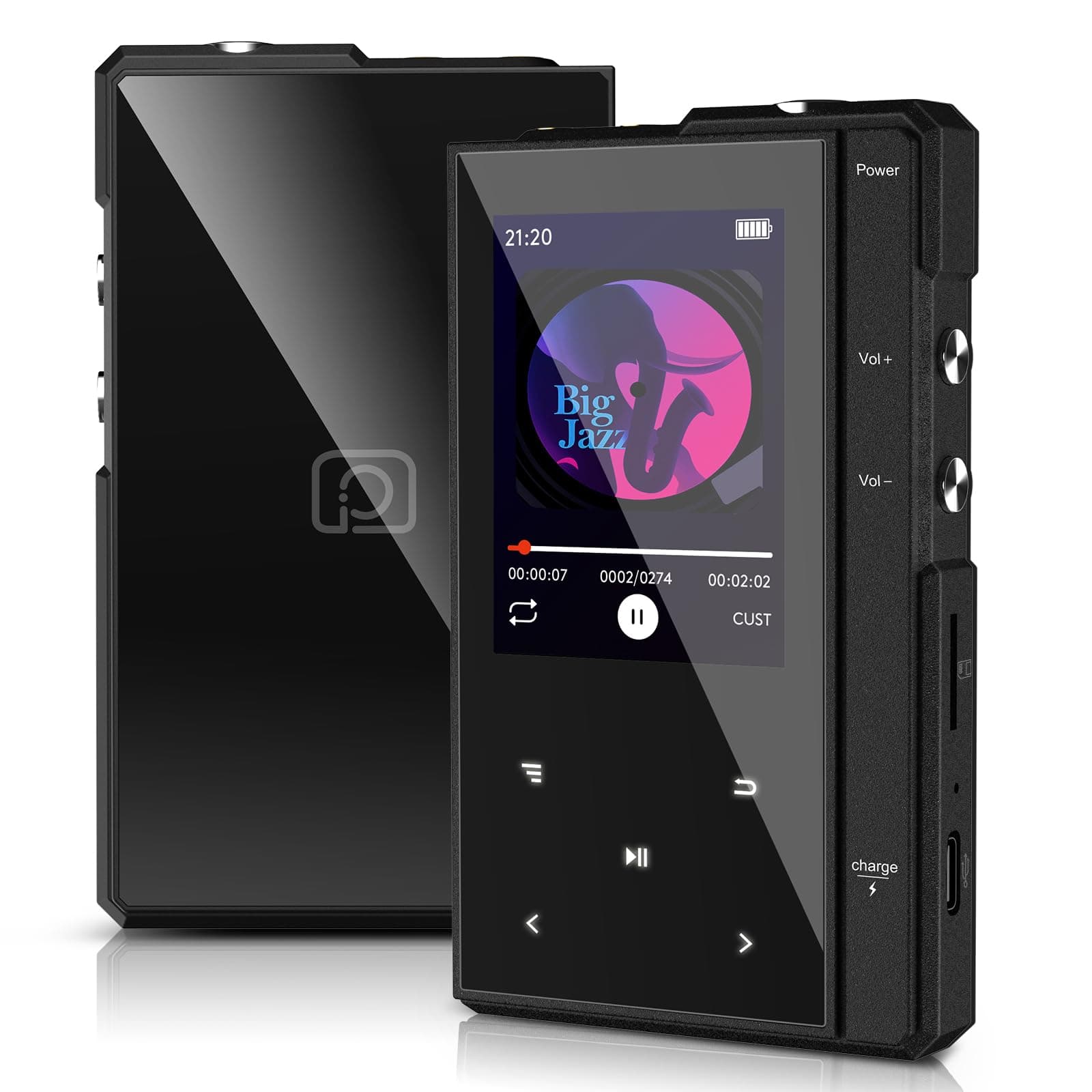 MP3 Player with 90 Hours Long Battery Life,Bluetooth 5.0,Phinistec Z6 Digital Audio Player with Sturdy and Durable Metal Frame, 2.4'' IPS Glass Screen,FM Radio,Support up to 256GB (Black, 96, GB)