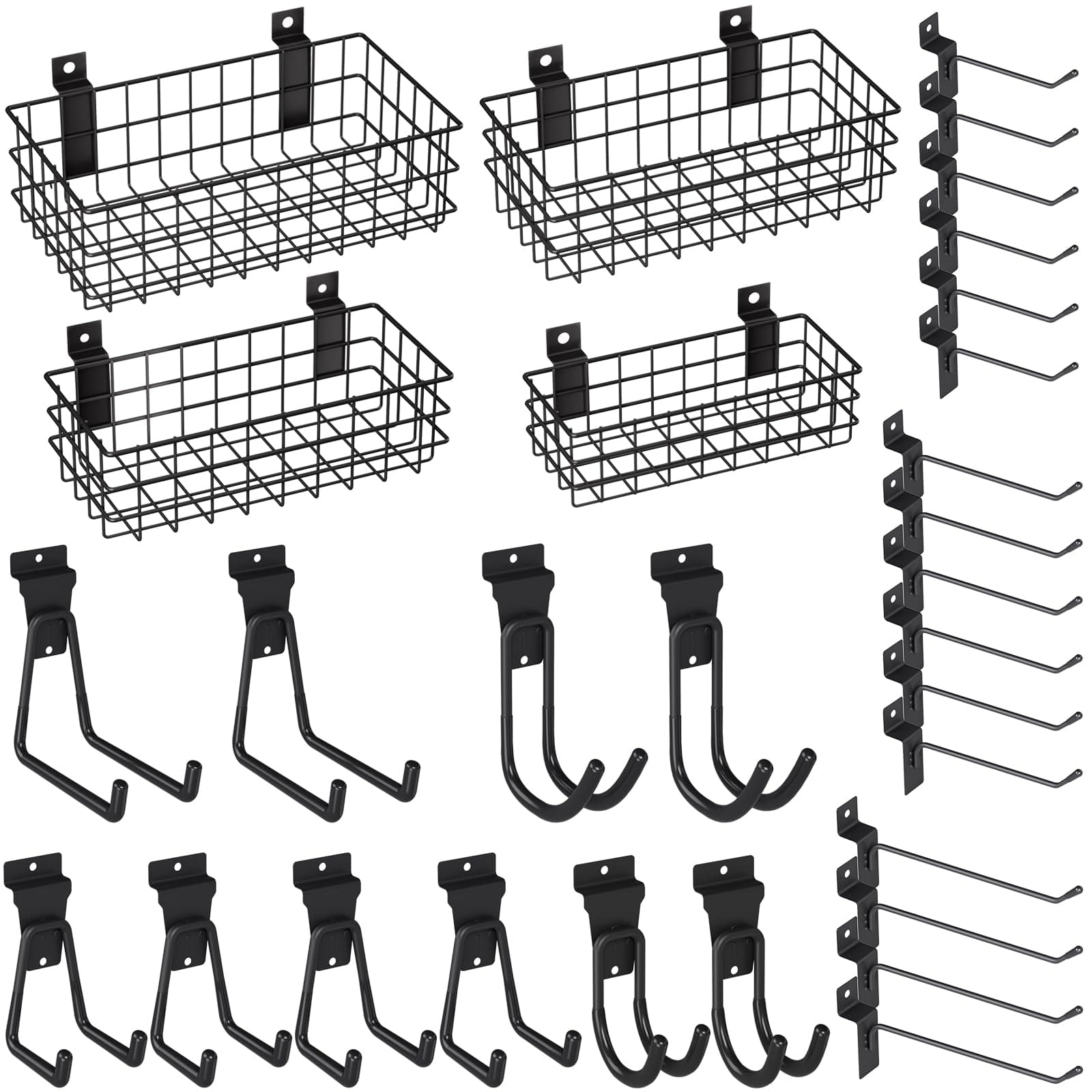 30PCS Slatwall Accessories Set, Includes 4 Pack Ventilated Metal Wire Slatwall Baskets and 26PCS Multisized Heavy Duty Slatwall Hooks for Garage Organization Rooms Workshop Storage