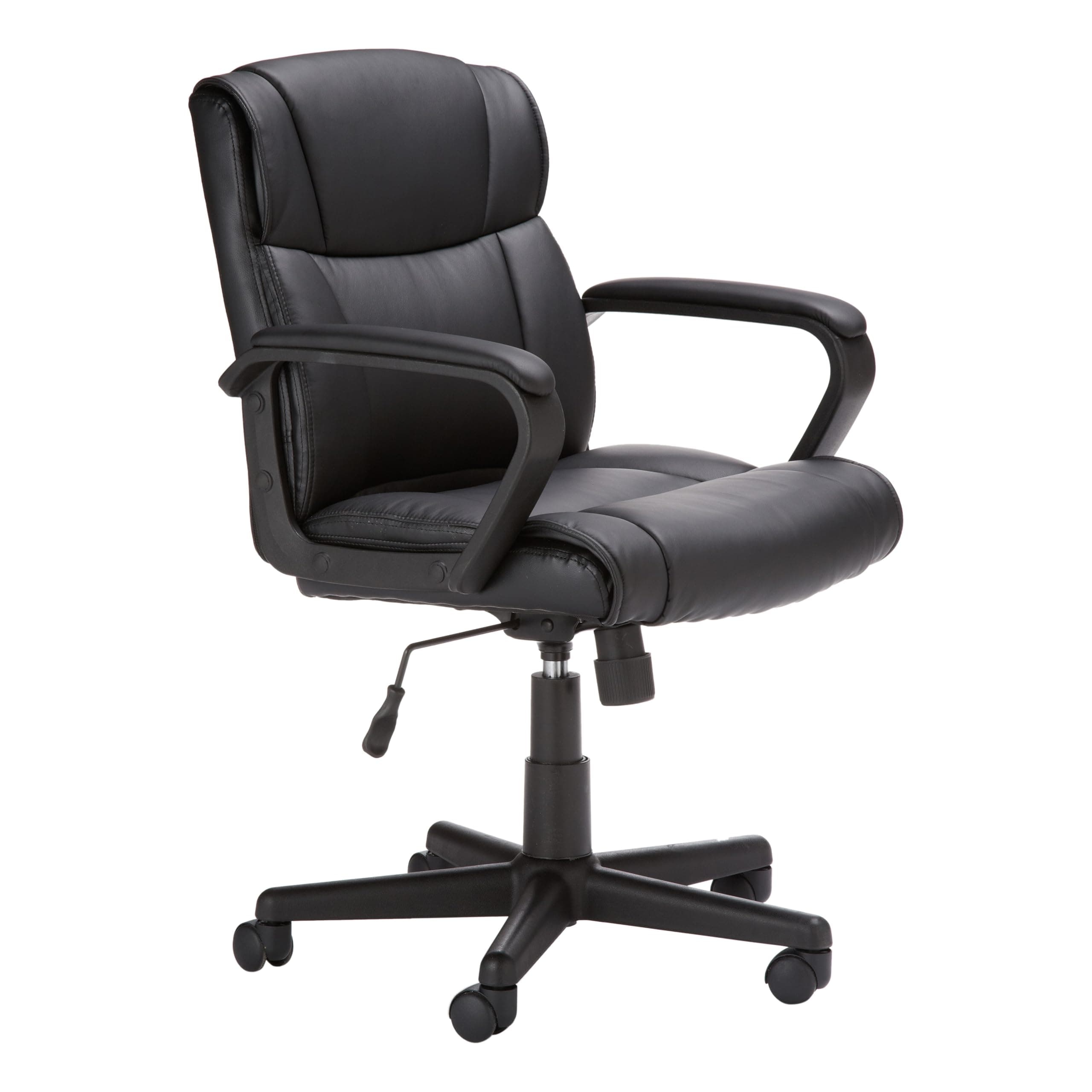 Amazon Basics Office Task Chair with Adjustable Height, 360° Swivel, Padded Armrests, Mid-Back, Rolling, 275 Pound Capacity, 24.2"D x 24"W x 34.8"H, Black Faux Leather