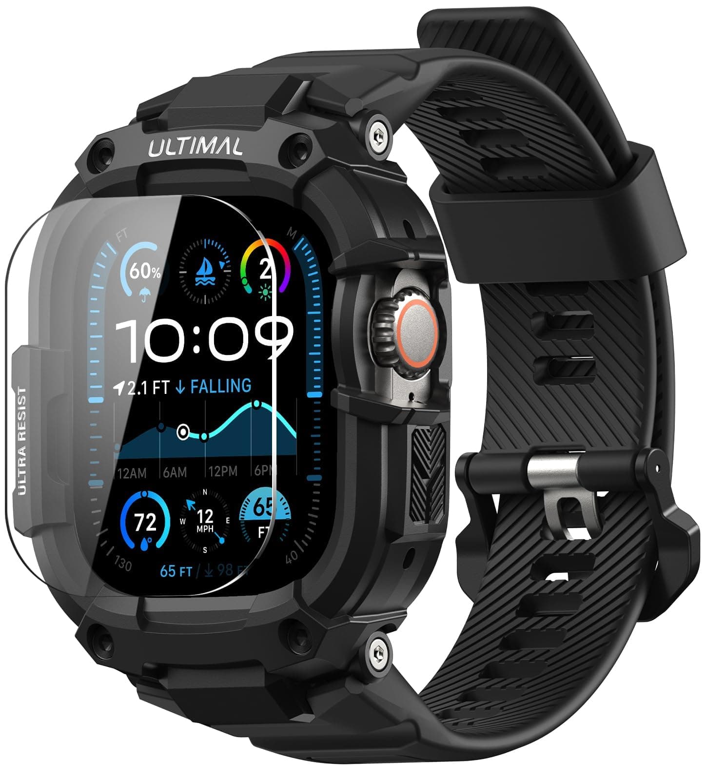 ULTIMAL Compatible with Apple Watch Strap 44 mm 45 mm with Bumper Case, Adjustable Shockproof Sports Strap, Robust TPU Band for iWatch Series 4/5/6/7/8/SE/Ultra