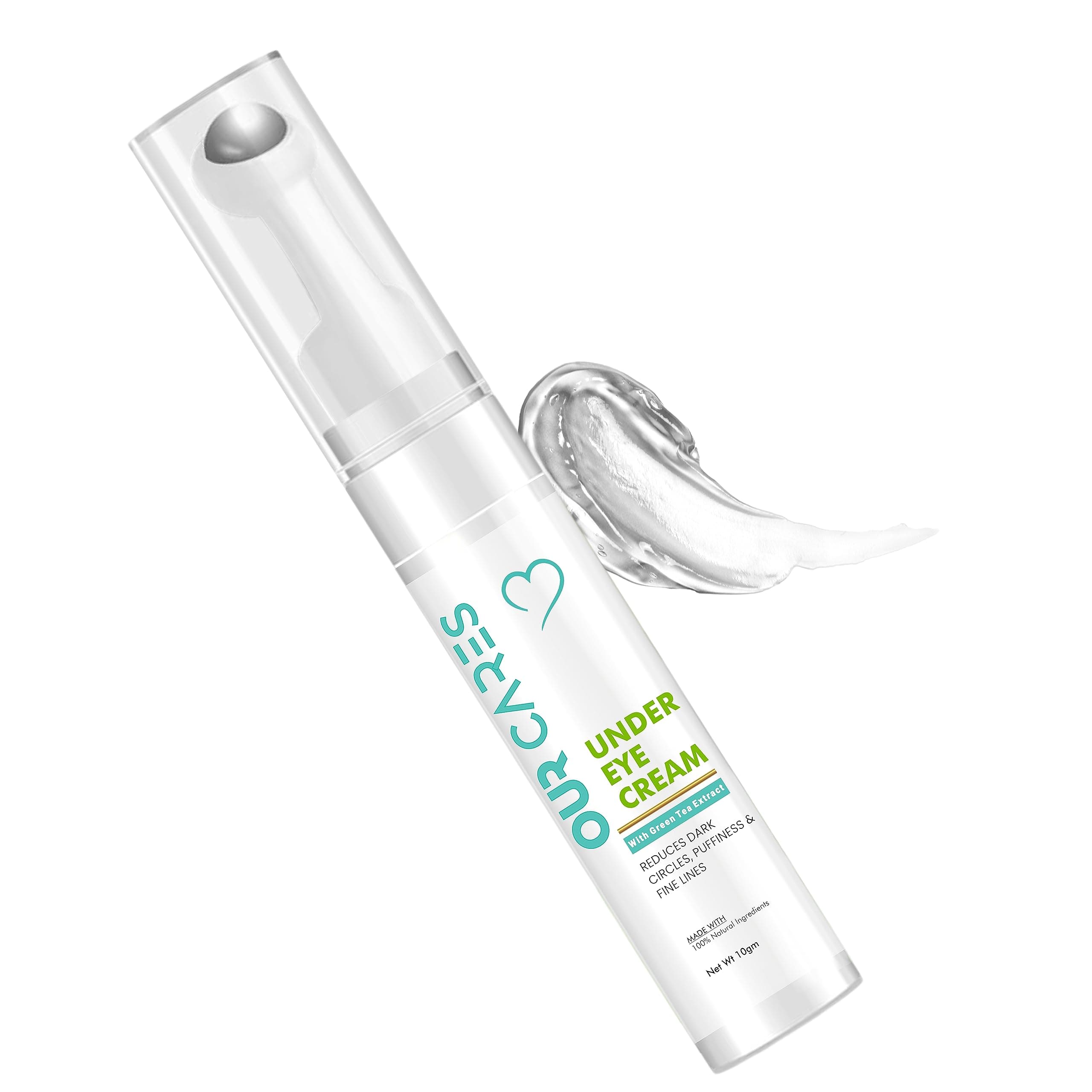 OUR CARES Under Eye Cream Roller with Green Tea Tree & Coffee Extract | Reduces Dark Circles, Puffiness & Fine Lines | Natural Herbal Formula | Soothing Metal Applicator | For Men & Women – 10g