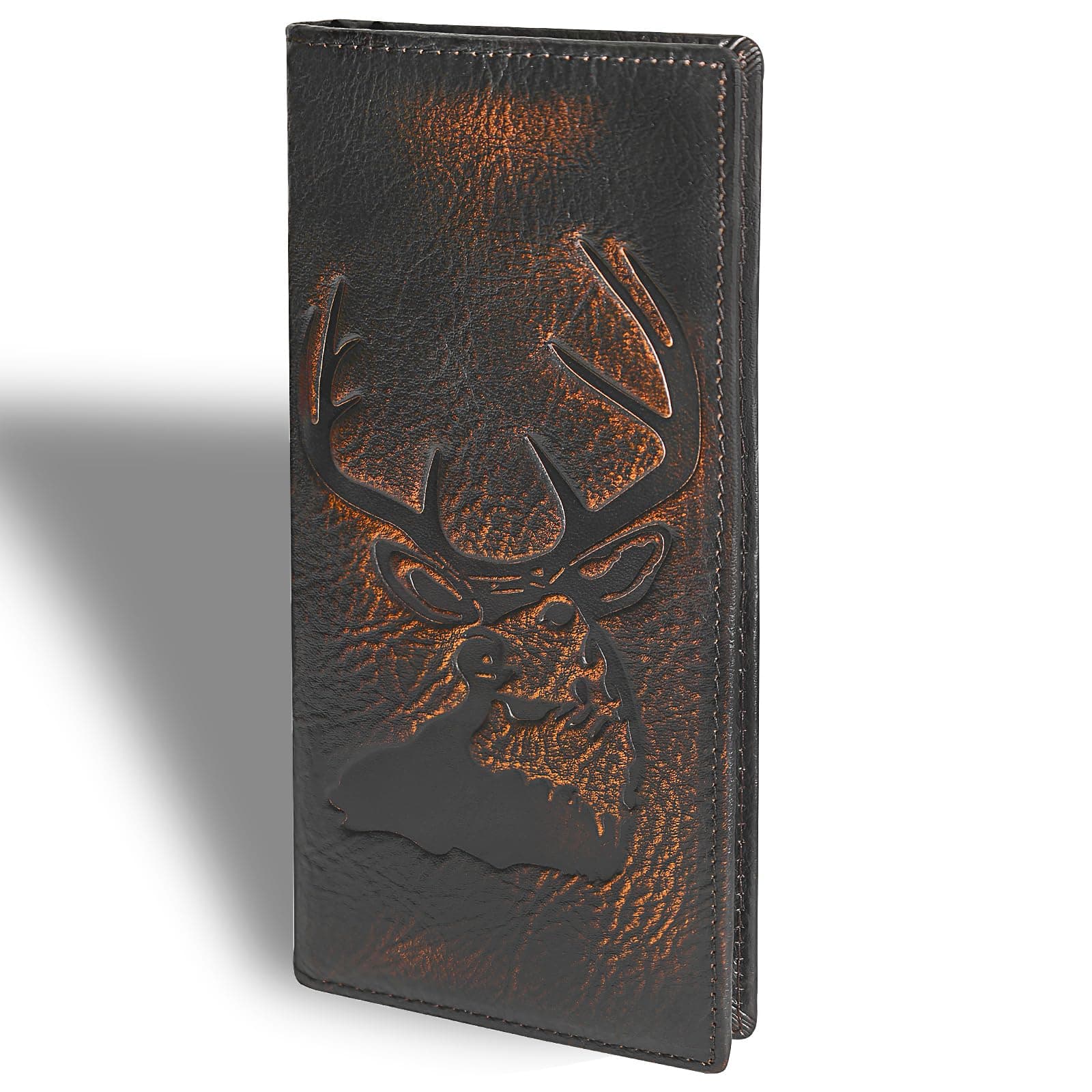 DK86 Deer Long Wallet For Men Full Grain Leather Rfid Blocking Rodeo Wallet Bifold Wallet Deer Wallet, deer ( black orange ), Vintage