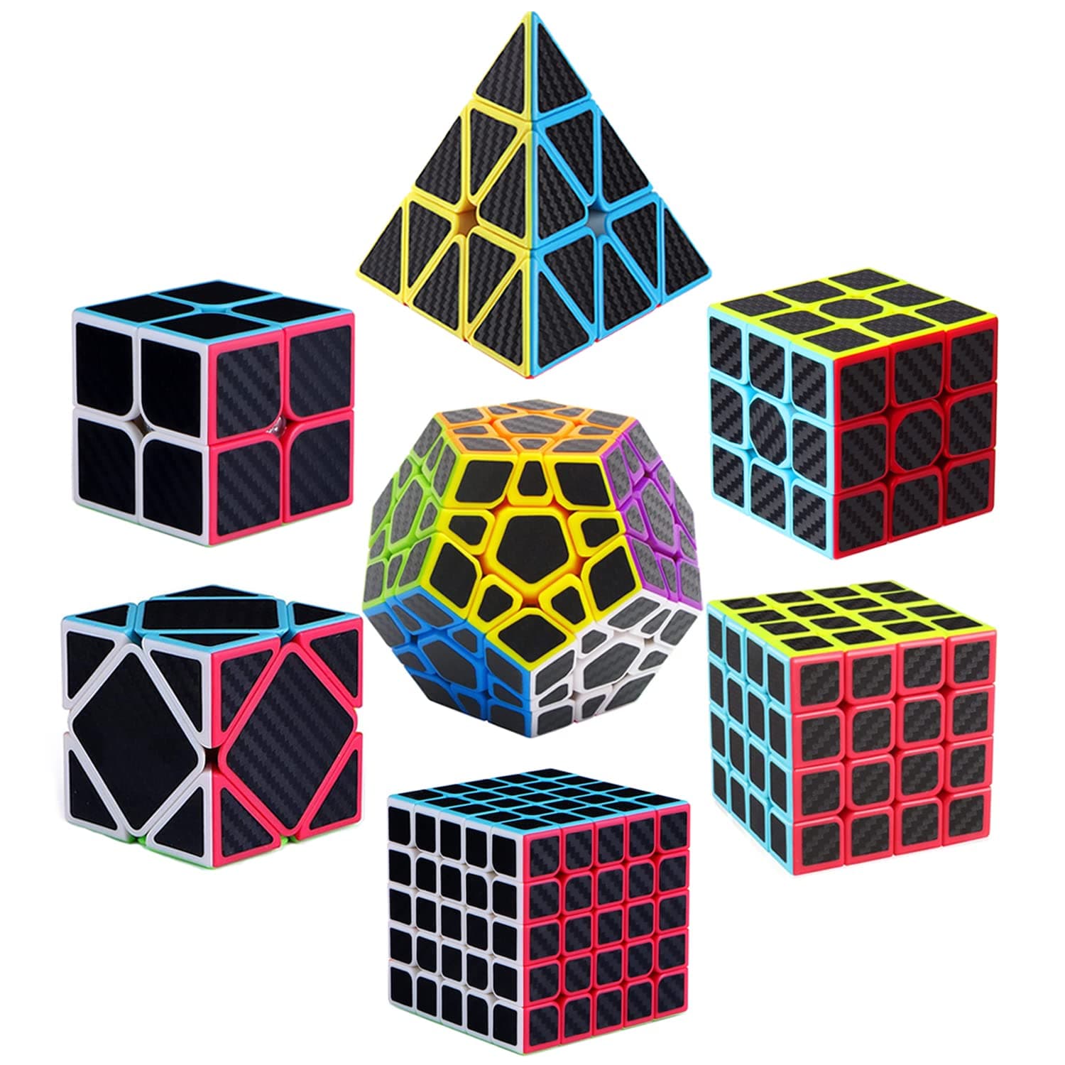 Speed Cube Set, Speed Cube Pack of 2x2 3x3 4x4 5x5 Megaminx Skew Cube and Pyramid Cube Carbon Fiber Sticker Smoothly Magic Cubes Collection for Kids Teens & Adults [7 Pack]