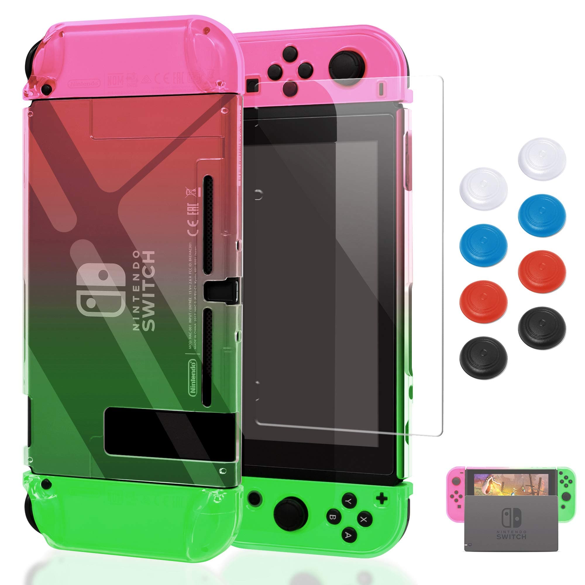 Case for Nintendo Switch,Fit The Dock Station, Protective Accessories Cover Case for Nintendo Switch and Joy-Con Controller - Dockable with a Tempered Glass Screen Protector Pink & Green NT16-ZLX-1