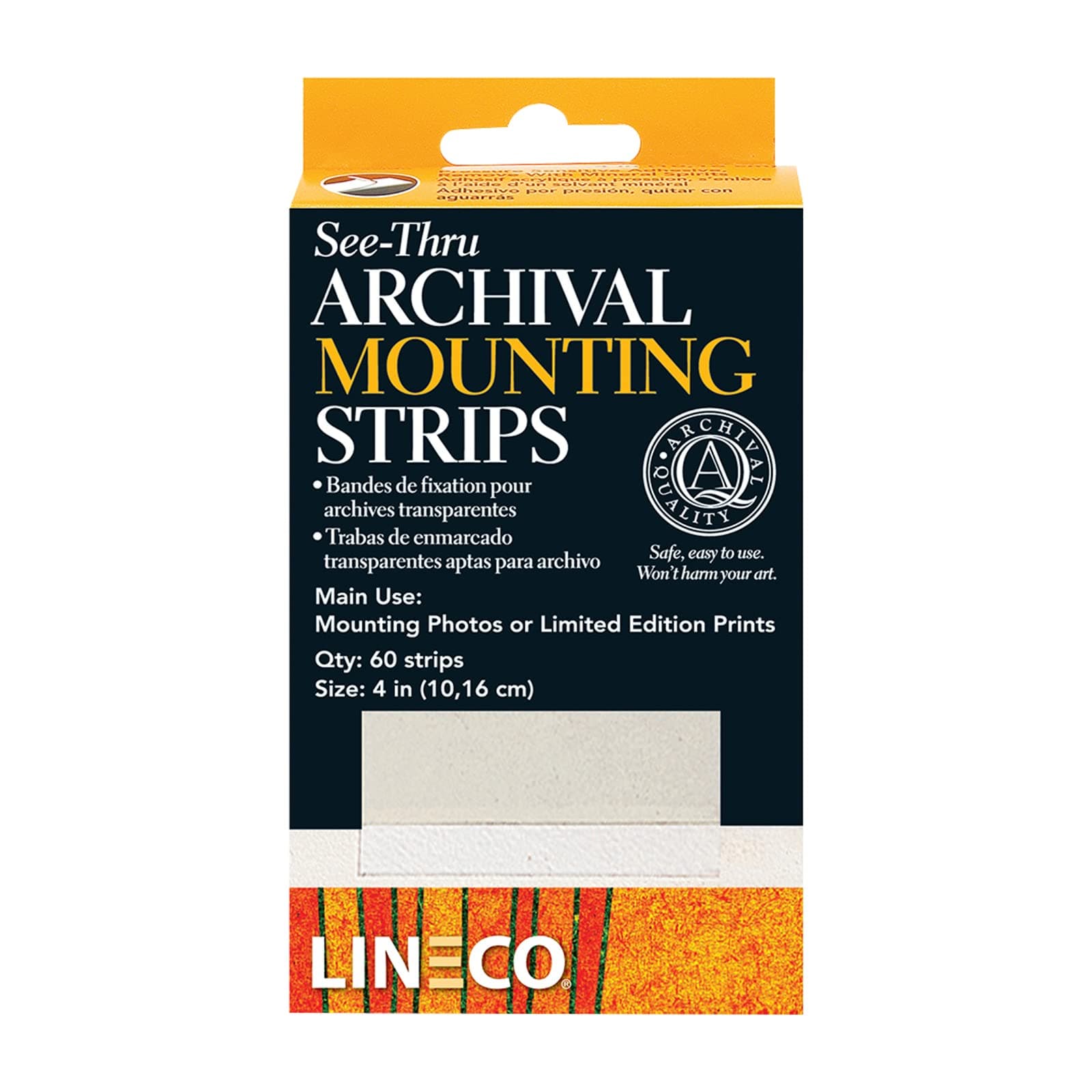 Lineco 4 Inches See-Through Archival Polyester Mounting Strips. Acid-Free, Framing Photos, Hinge-Less, Sturdy, Safe, Conservation, Easy, Artwork, Craft, DIY. (Pack of 60)