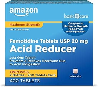 Amazon Basic Care Maximum Strength Famotidine Tablets, 20 mg, Acid Reducer for Heartburn Relief, Prevents & Relieves Heartburn, 400 Count Pack