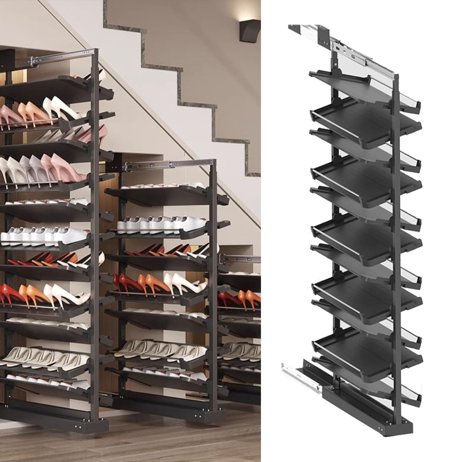 Pull-Out Shoe Rack Organizer for Closet Shoe Cabinet,Adjustable Height Retractable Metal Stackable Shoe Rack, Vertical Shelf Organizer for Small Bedroom Closet, Space Saving Storage, Black(45cm,11 Tie