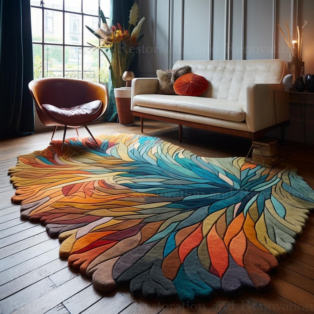 Handmade Irregular Shape Wool Area Rug | Unique Contemporary Botanical Design, Thick & Soft Carpet | Perfect for Living Room, Bedroom Decor (Multi, 5' x 8')