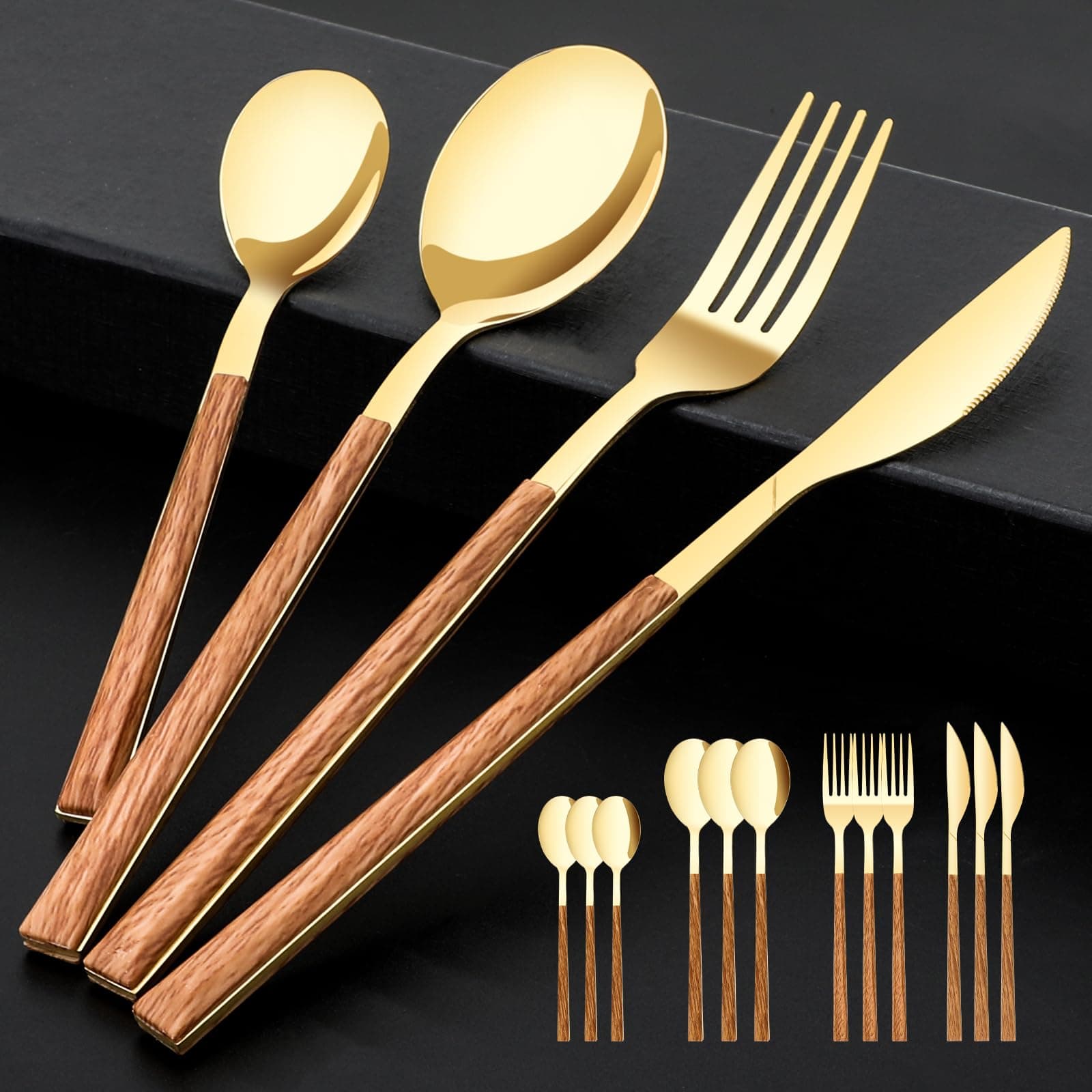 Stainless Steel Flatware Set for 4, Cutlery Utensils Set with Simulated Wooden Handle Include Knives Forks Spoons Service for 4, Mirror Polished and Dishwasher Safe (Gold)