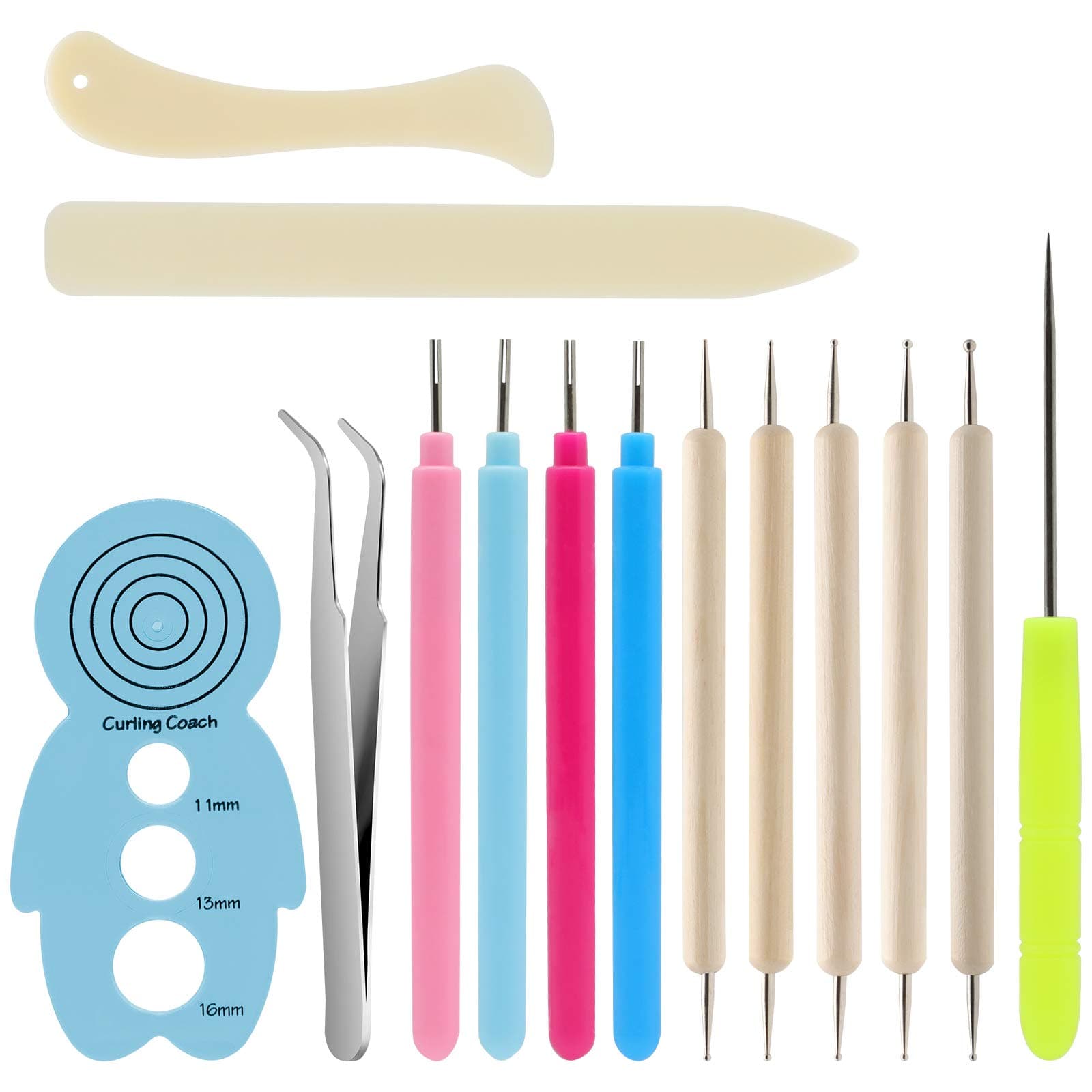 14Pcs Paper Quilling Tool and Supplies, Include 5Pcs Double Head Indentation Pens, 4Pcs Slotted Pens, 2Pcs Bone Folder Tools, Awl, Tweezer and Curling Coach for Card Making, Bookbinding
