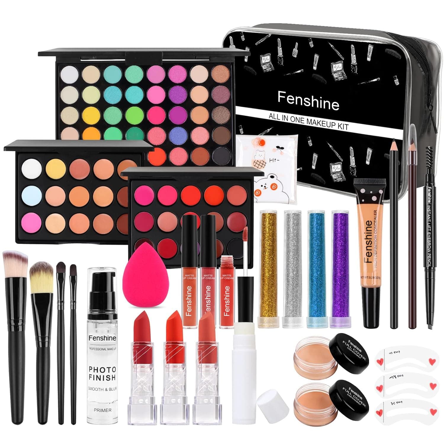 Fenshine All-In-One Makeup Kit for Women - Essential Starter Bundle With Eyeshadow Palette, Lipstick, Eyebrow Pencil, Brush Set for Beginners