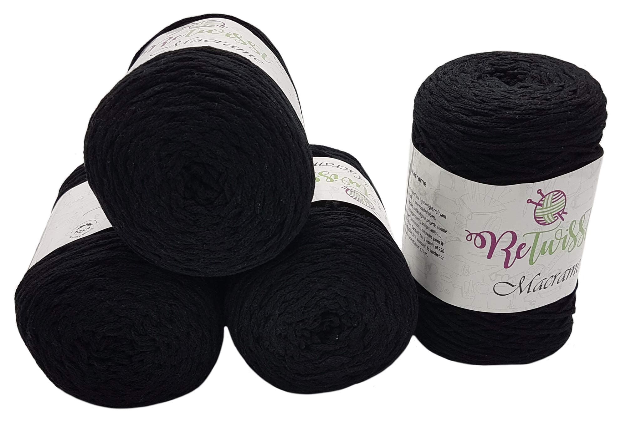Macrame 1,000 g, 4 x 250 g, Total 1000 m Length Crochet Yarn Cord Thread Selection Black
