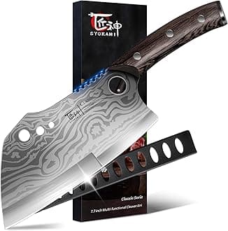 SYOKAMI Meat Cleaver Chef Knife, 7.7 Inch Multifunction Butcher Knife With Herb Stripper And Sheath, Chinese Cleaver Heavy Duty Bone Chopper, Meat Cutting, Damascus Pattern Full Tang Wood Handle