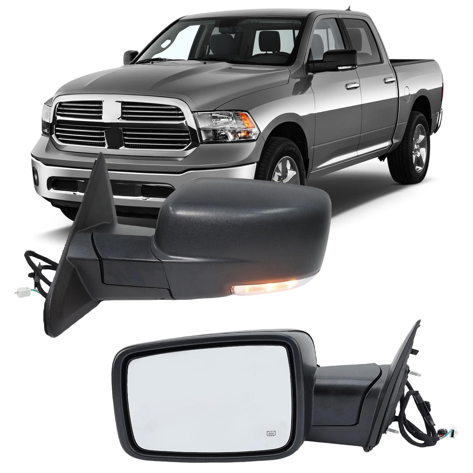 Driver Side Mirror Compatible with 2013-2018 Dodge Ram 1500 2500 3500 Mirrors with Heated Puddle Lamp Temperature Sensor Tuning LED Signal Power Fold Textured Black(10+2Pins)