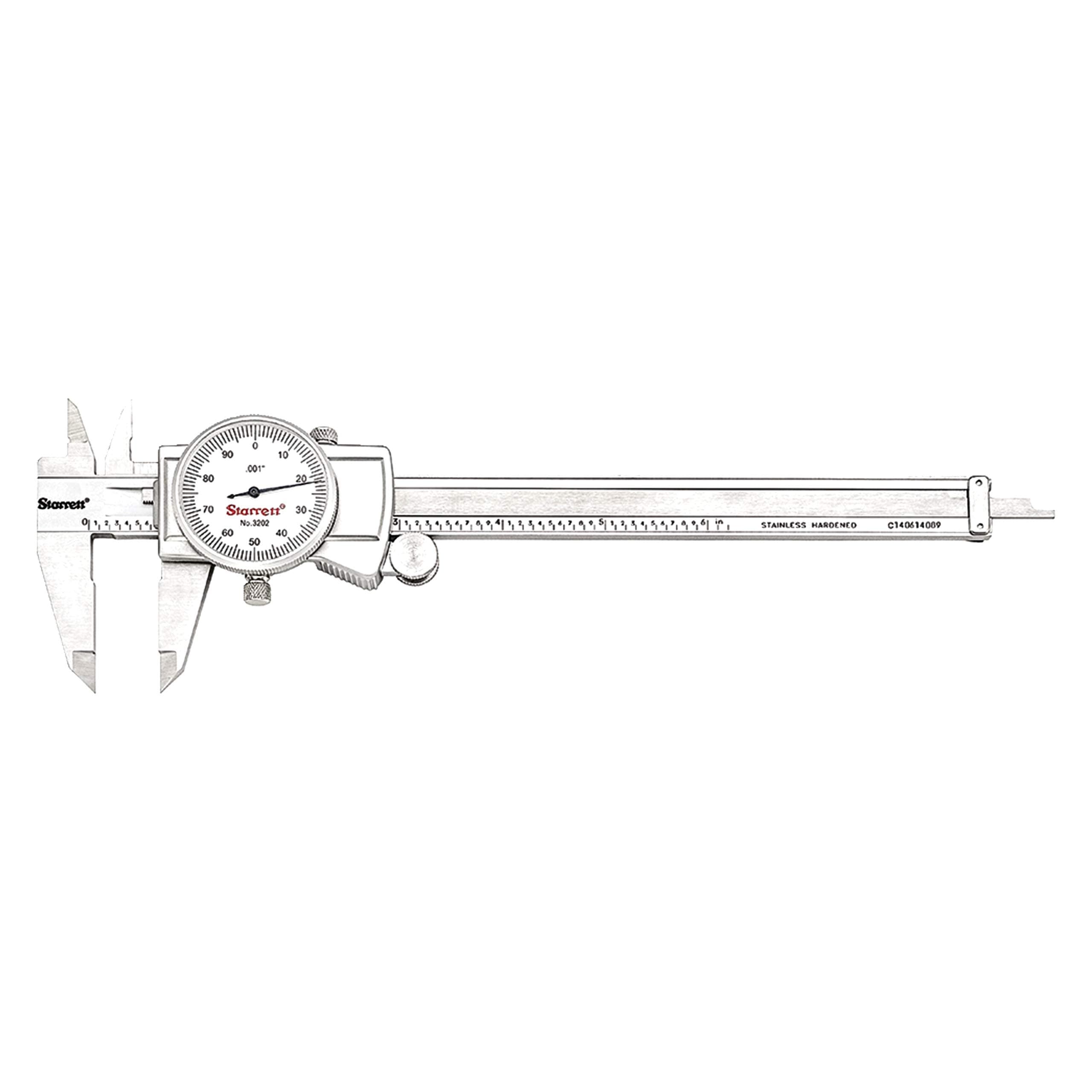 Starrett Dial Caliper with Adjustable Bezel and Fitted Case - White Face, 0-6" Range, -0.001" Accuracy, .001" Graduation - 3202-6