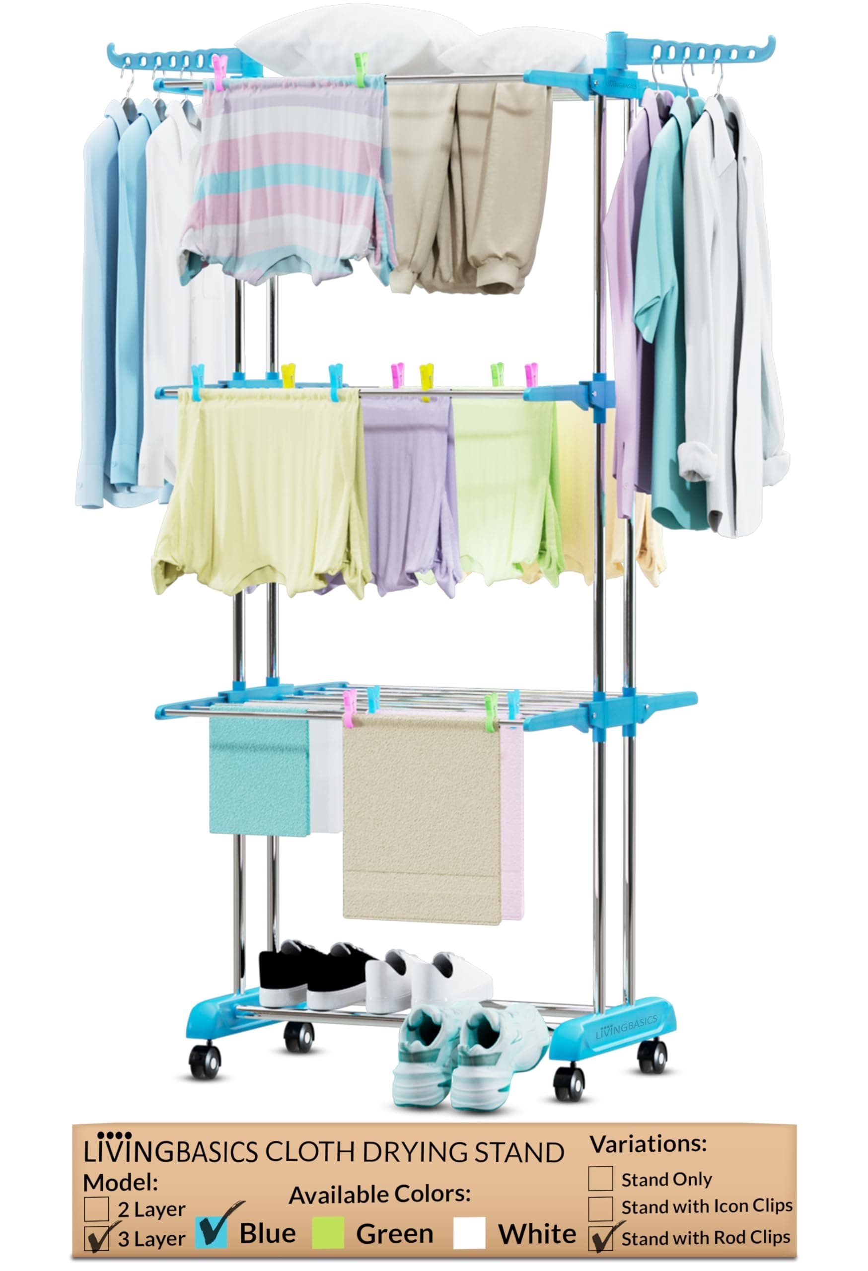 LIVINGBASICS 18 Clips with 3 Layer Finest Clothes Stand for Drying/Cloth Drying Stand/Cloth Stand for Drying Clothes Foldable/Cloth Drying Stand for Balcony/Stainless Steel Dryer Rack (Blue)