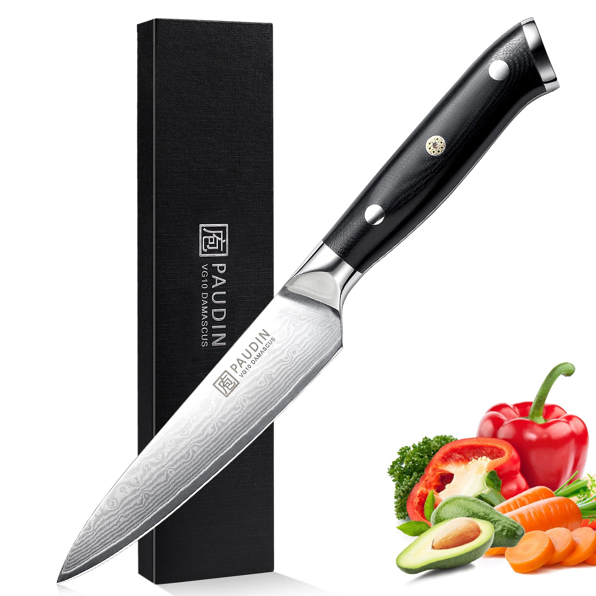 Damascus Utility Knife - PAUDIN Sharp-Edged Kitchen Knife 5 Inch, Japanese AU10 Kitchen Utility Knife with Ergonomic Micarta Handle, Ideal for Home or Restaurant
