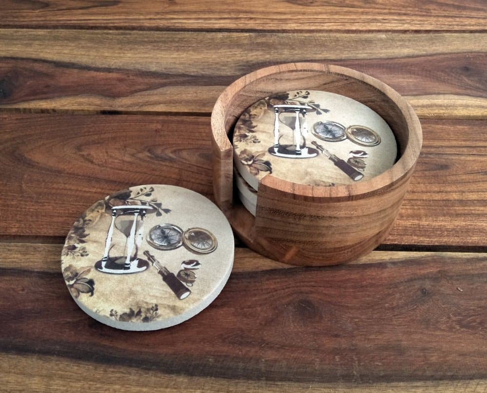 SANDSTERS Natural Sandstone Sandtimer Printed Absorbent Beverage Coasters Set of 4Pcs with Acacia Wood Holder