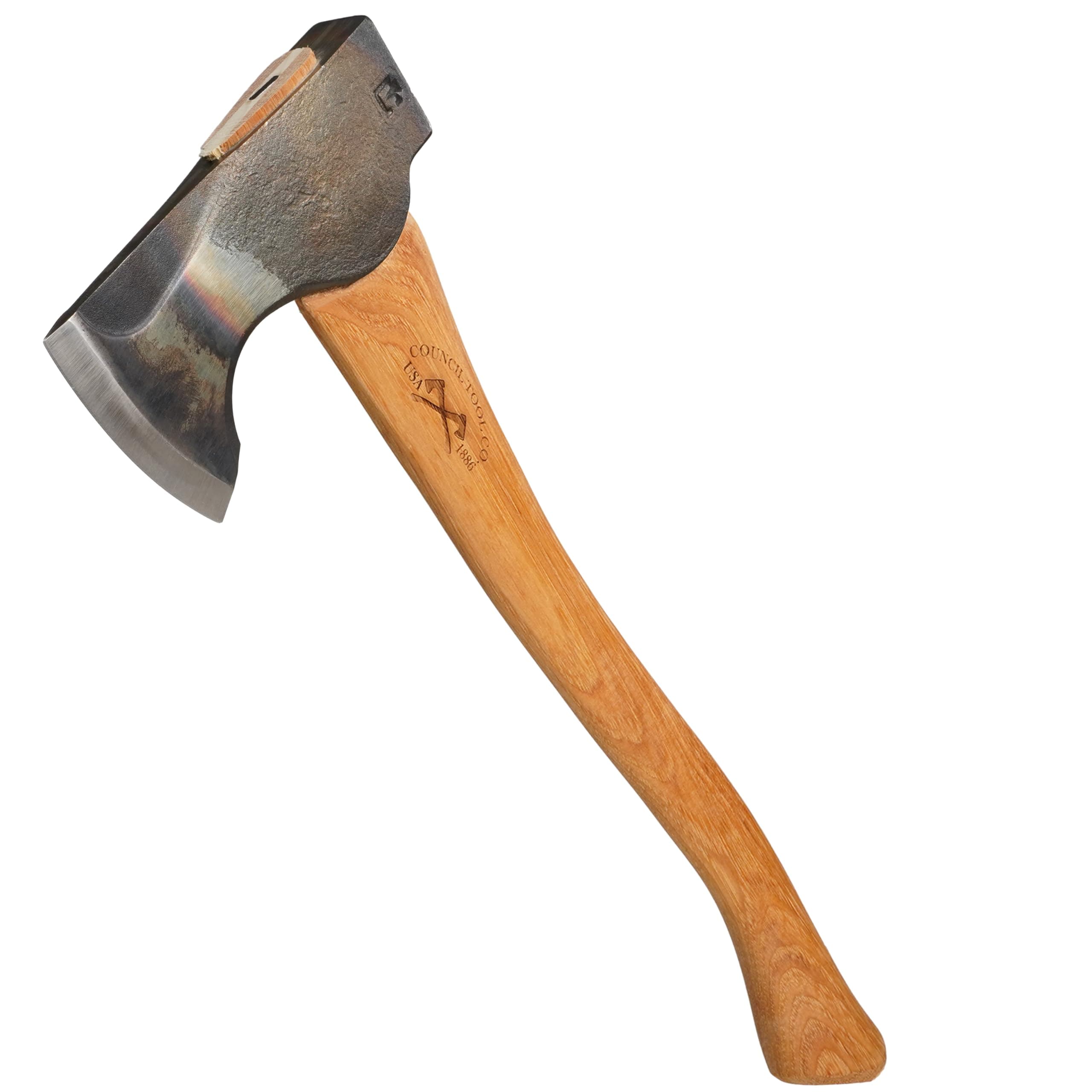 COUNCIL TOOL Wood-Craft Pack Axe - 2 lb Camping Axe, 19" Hickory Handle with Leather Sheath, Made in The USA - WC20PA19C