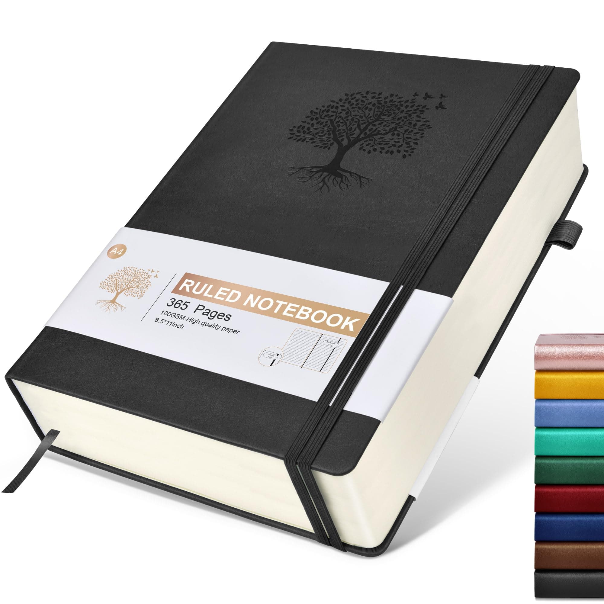 Lined Journal Notebook, 365 Pages A4 Large Journals for Writing Ruled Notebook, Hardcover Leather Journal for Women Men, Daily Notebook for Work, Note Taking, 100Gsm Thick Paper (8.5" x 11" Blcak)