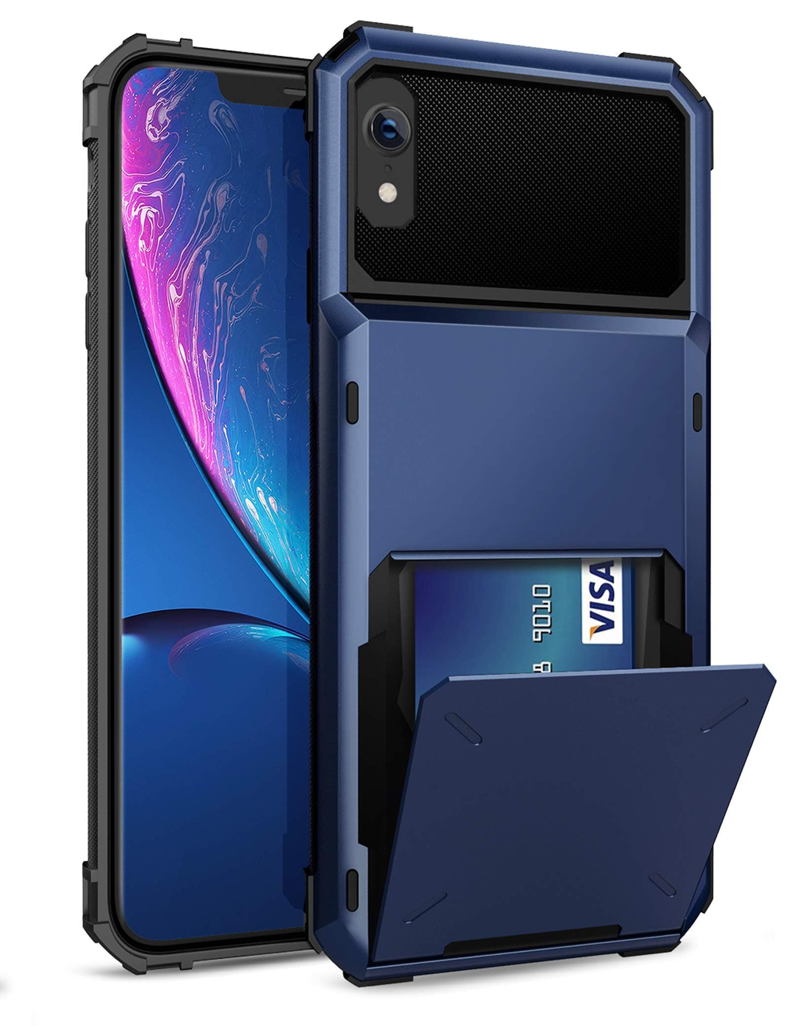 ELOVEN Case for iPhone XR Case Wallet with Card Holder Card Slot Hidden Credit Card ID Cover Shock Absorption Heavy Duty Drop Protection Rugged Bumper Protective Cover for Apple iPhone XR, Navy Blue