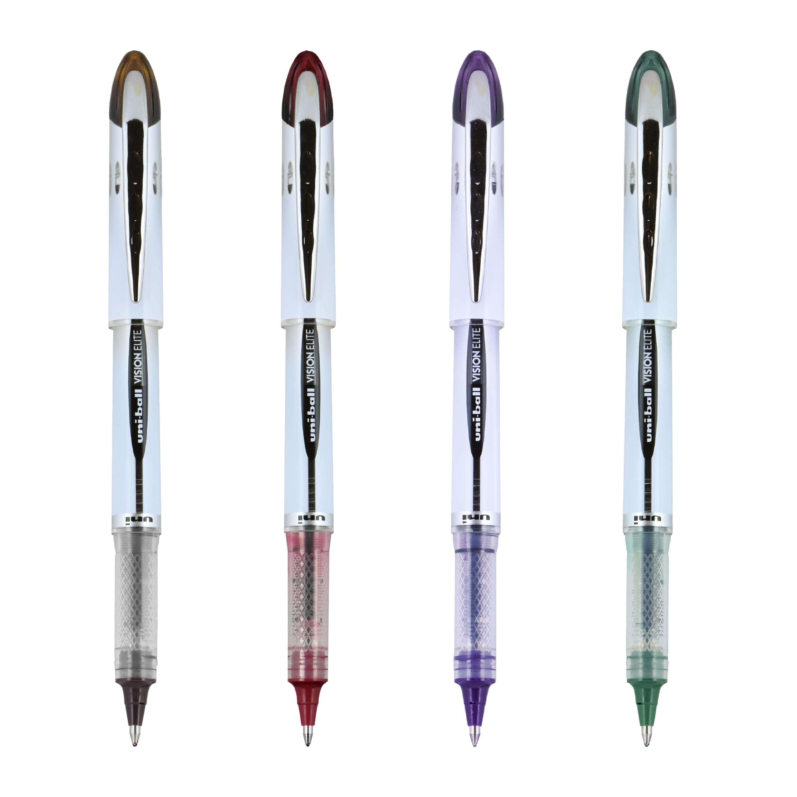 uni-ball® Vision™ Elite™ Liquid Ink Rollerball Pens, Bold Point, 0.8 mm, White Barrels, Assorted Ink Colors, Pack Of 4