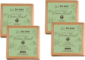Nat Habit Neem Basil Butter Soap|Cold Processed Ayurvedic Soap with Neem Actives|Antibacterial, Herbal Soaps for Bath|Anti-Inflammatory Handmade Neem Soap Bar|Essential Oils for Body Acne| 125g x 4