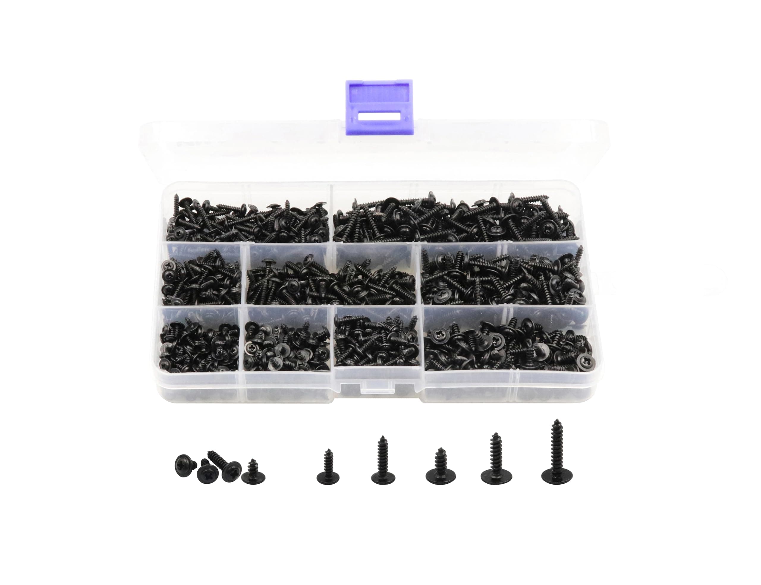 LBY 900pcs M2.3 M2.6 M3 Phillips Truss Head Self Tapping Screws, Wafer Head Screws, Pan Head with Washer Screw 9 Sizes Self Tapping Screws Assortment Kit, Carbon Steel Blacking