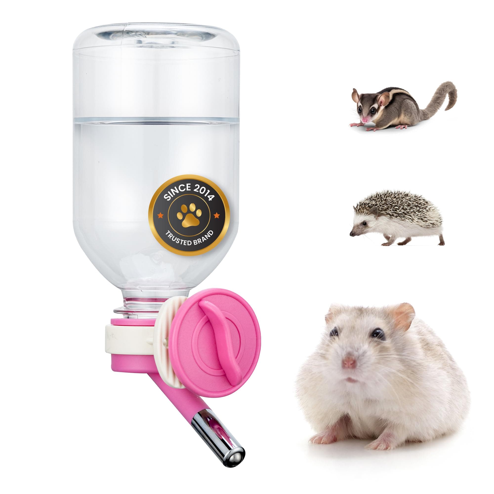 Choco Nose Patented Mini No-Drip Water Bottle/Feeder for Hamsters/Hedgehogs/Gliders/Rats/Mice/Other Small Pets and Animals - for Cages, Crates or Wall Mount. 10.2oz. Nozzle 10mm, Pink (C125)