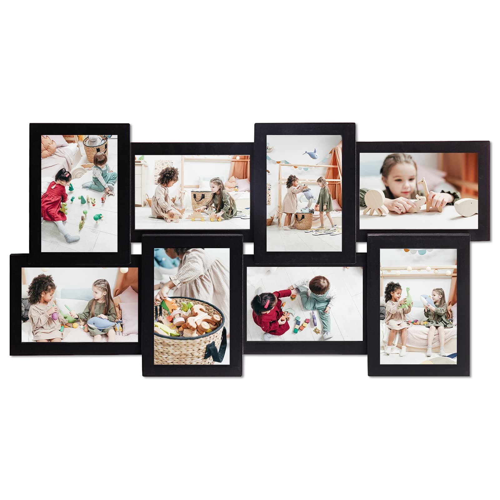 Picture Frame Sets For Wall Decor, 8 Opening Picture Frames Collage, 6 x 4 Picture Frame with Metal Hooks, One-Piece, Black