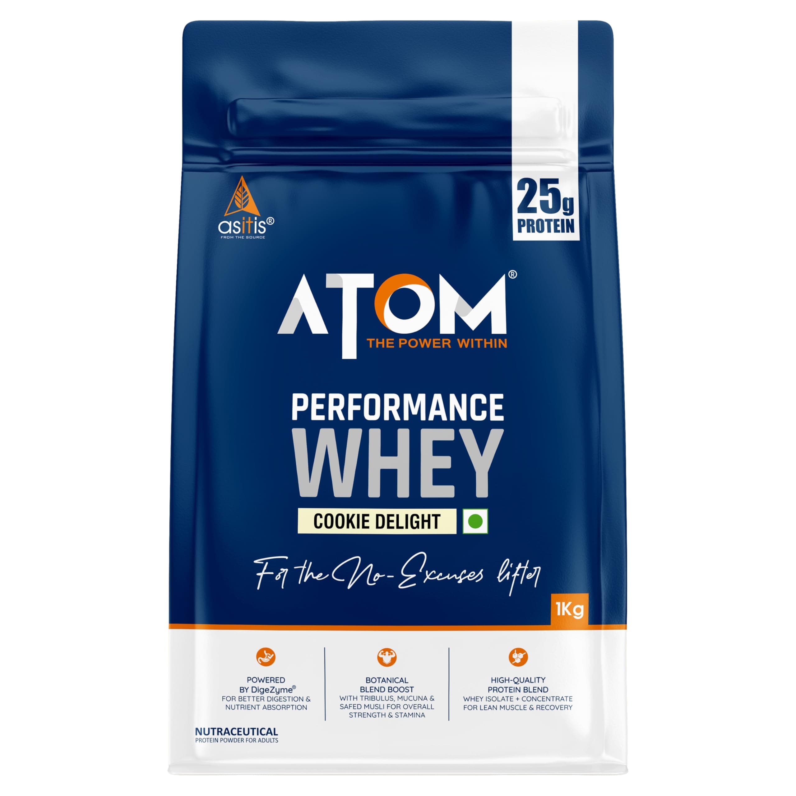 AS-IT-IS Atom Whey Performance Protein Muscle Booster Blend Safed Musli & Mucuna Pruriens For Faster Recovery & Fast-Acting Quick-Release Protein 100% Vegetarian Cookie Delight Flavor, 1000 grams