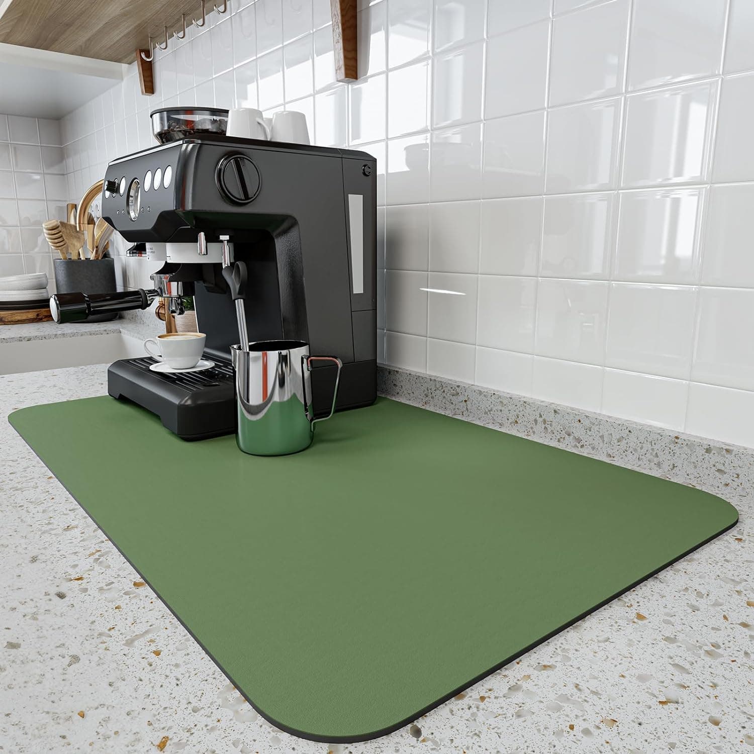 Coffee Bar Absorbent Mat for Kitchen - Hide Stain, Rubber Backed, Super Absorbent Draining Mat, Accessories Fit Under Coffee Pot (Green, 16"x24" (40x60cm))