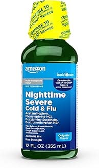 Amazon Basic Care Nighttime Severe Cold and Flu Syrup, Max Strength Liquid Medicine for Cough, Sore Throat, Nasal Congestion, Pain Reliever, Fever Reducer, Original, 12 fl oz