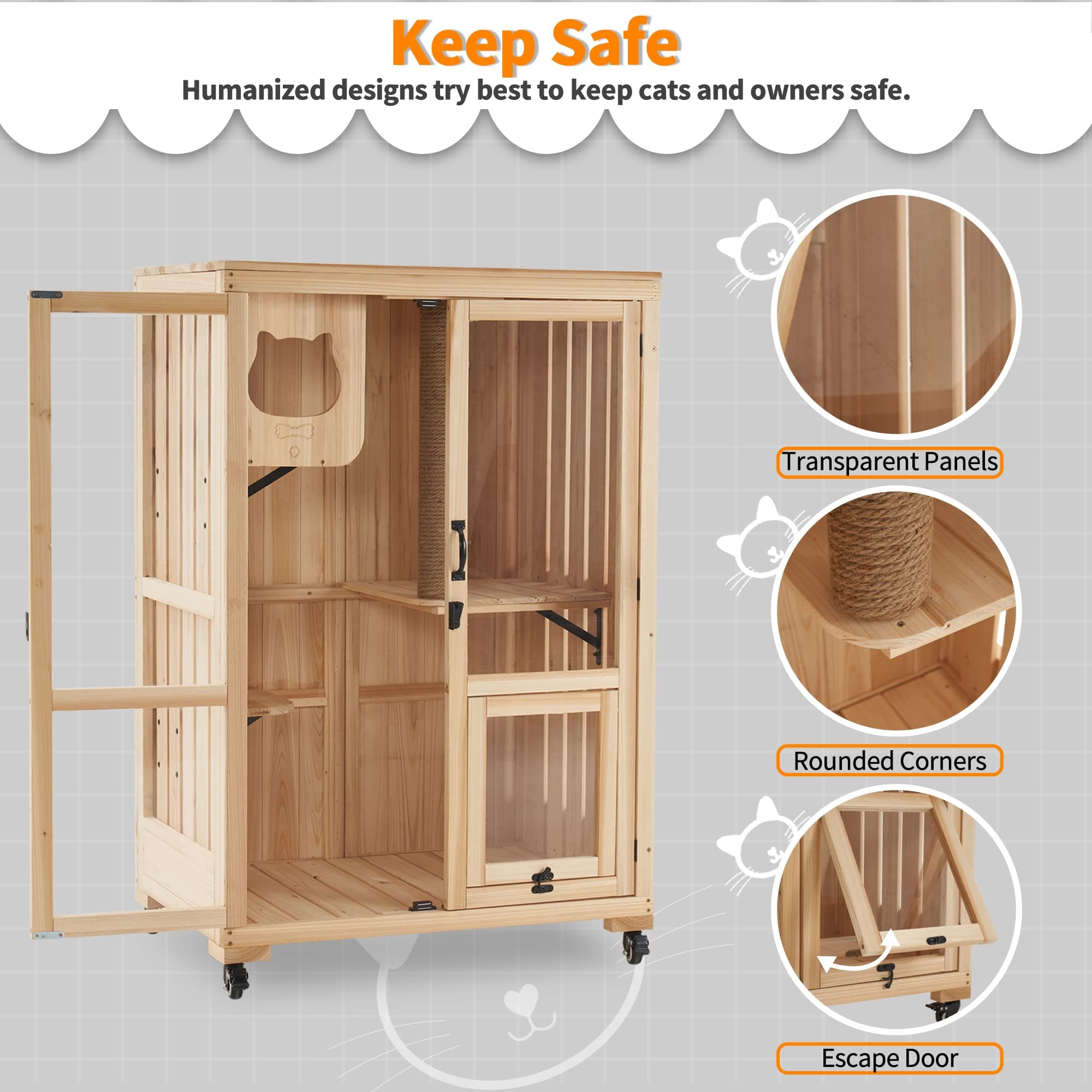 MCombo Luxury Cat House with Scratching Post, Wooden Multi Feature Large Cat Condo with Escape Door and Wheels, Kitten Cages with Shelter Indoor Outdoor CT83 (Natural)