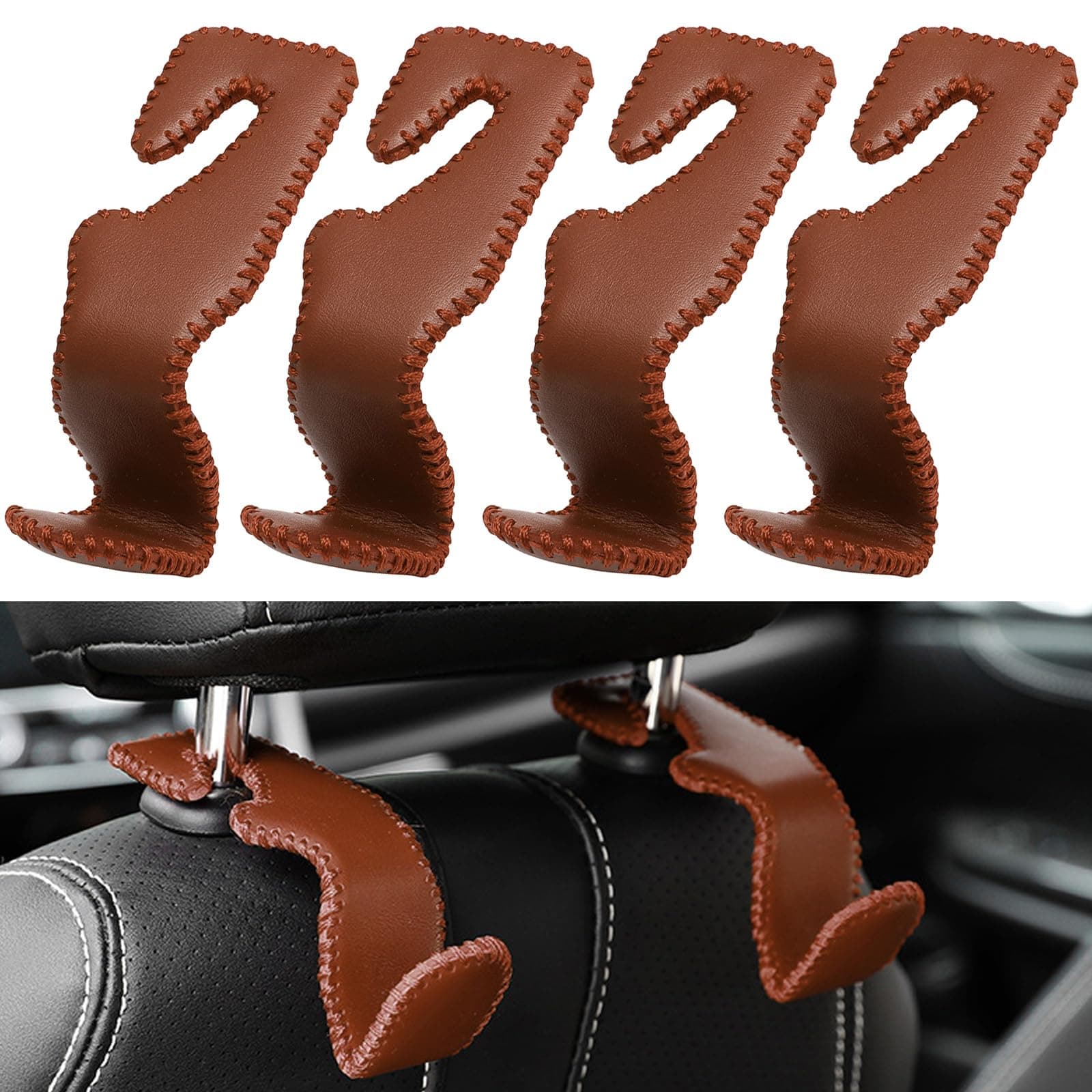 4 Pack Car Headrest Hook for Suzuki Baleno 2017-2024 2025,Leather Vehicle Back Seat Hanger Storage Interior Accessories for Purse Coats Grocery Bags Handbag,Brown