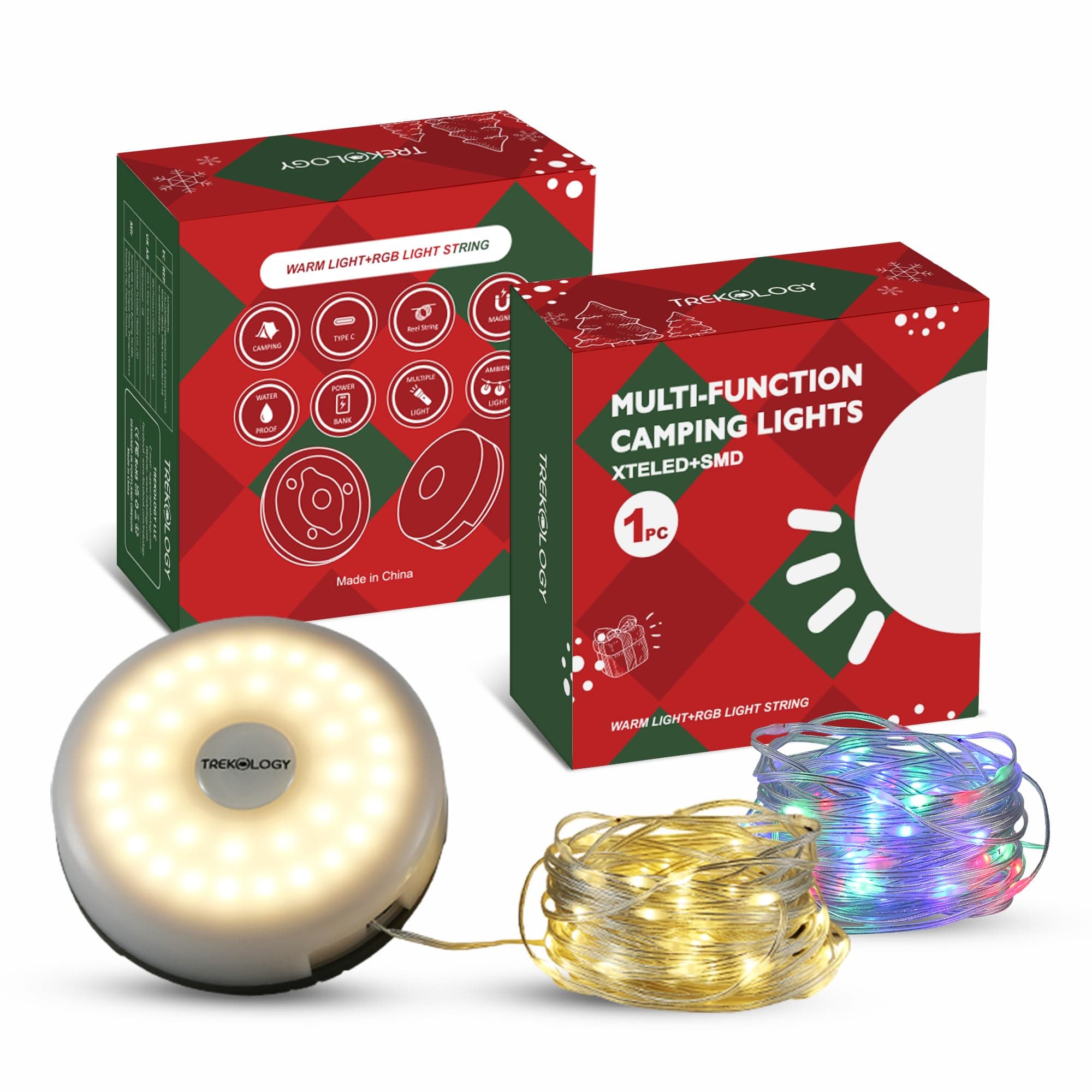 TREKOLOGYCamping String Lights, 29.5ft Rechargeable LED Lantern, 8 Modes, IPX4 Waterproof, Built-in Power Bank, Tangle-Free Storage—Perfect for Holidays & Outdoors with X'Mas Packaging (1 Pack)