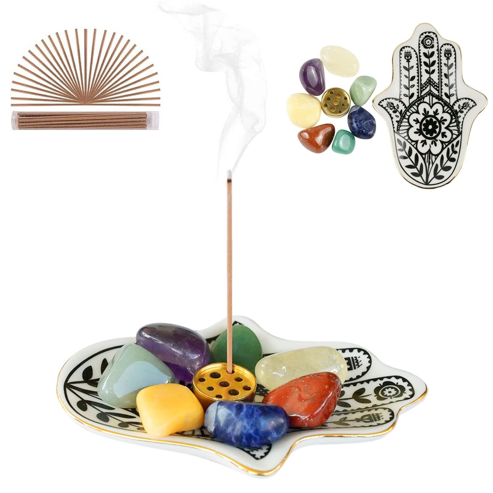 ALLACE Cool Incense Holder&Healing Crystals Set Include Seven Chakra Stones& Sticks Incense, Palo Santo Holder, Sage Smudge Kit, for Yoga Meditation/ Modern Aromatherapy Ornament, Zen Decor (Black)