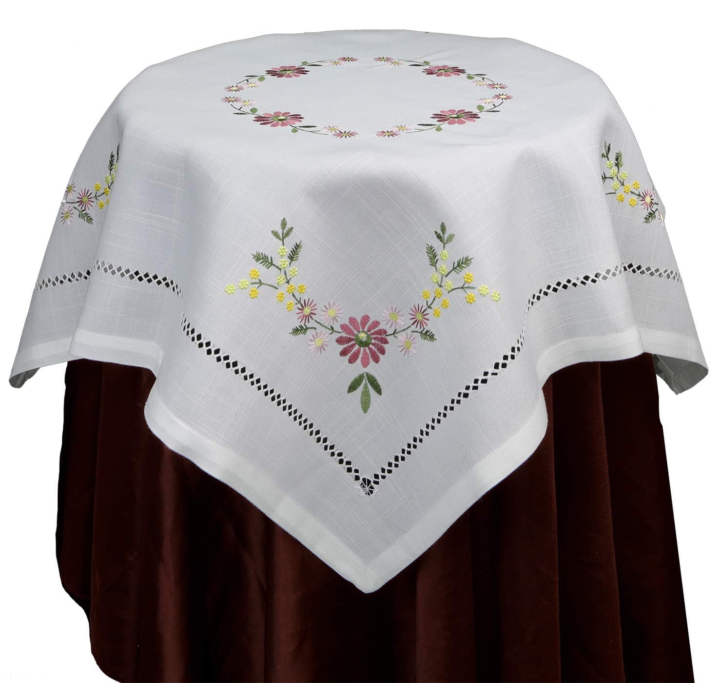 Creative Linens Hemstitched Embroidered Daisy Flower Tablecloth 34" Square Table Topper White