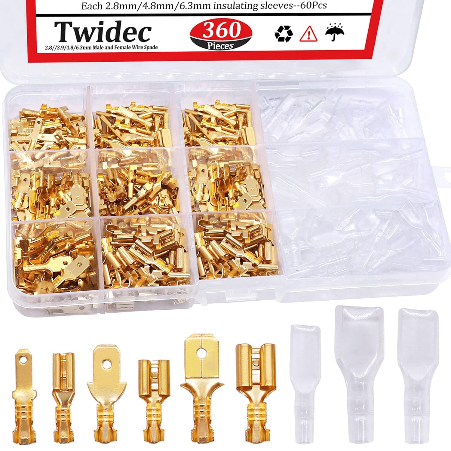 Twidec/360Pcs 2.8/4.8/6.3mm Quick Splice Male and Female Wire Spade Connector Crimp Terminal Block Assortment Kit Golden with Insulating Sleeve for Electrical Wiring Car Audio Speaker N-002