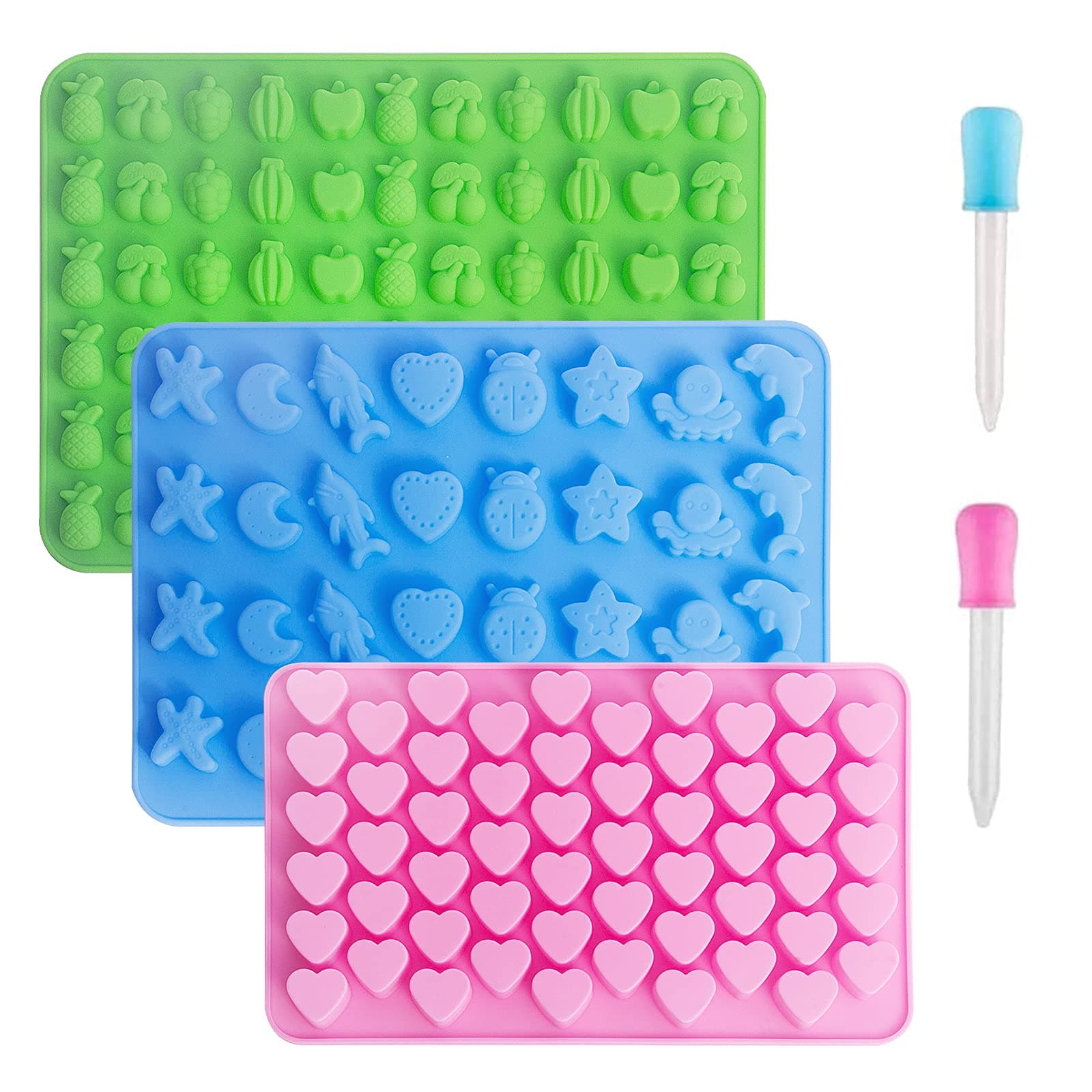 3 Pack Mini Silicone Gummy Candy Chocolate Molds Contains Small Hearts, Fruits, Marine Animal Shapes and 2 Droppers for Making Gummy, Candy, Chocolate and Small Ice Cubes