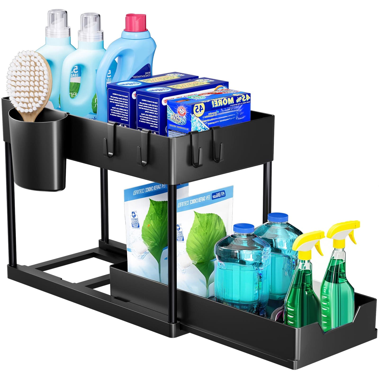 Puricon 1 Pack Under Sink Storage Kitchen Organiser, 2 Tier Under Sink Shelf with Slide Out Drawer, Multi-Purpose Under Sink Bathroom Storage Rack for Countertop Laundry -Black